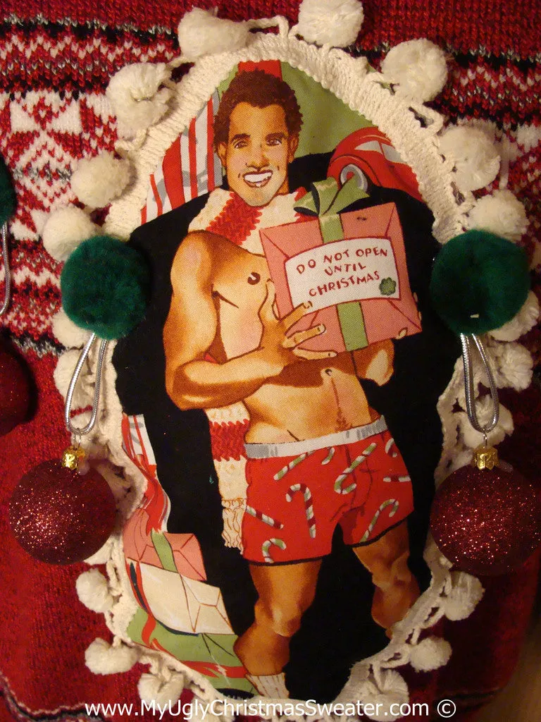 Hottie Guy Tacky Ugly Christmas Sweater Pom Pom Trimms & 3D Ornaments (b69)