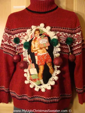 Hottie Guy Tacky Ugly Christmas Sweater Pom Pom Trimms & 3D Ornaments (b69)