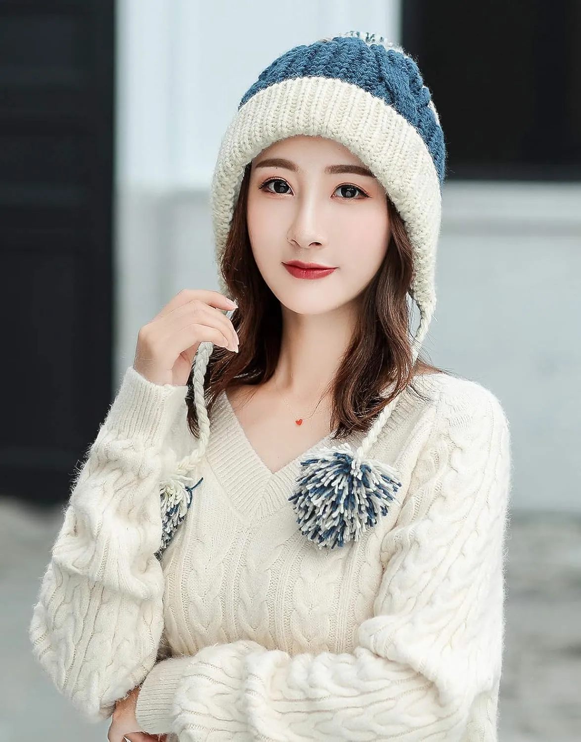 HUAMULAN Women Winter Peruvian Cover Ears Beanie Hat Ear Flaps Sherpa Ski Snow Hats Knit Fleece Lined 3 Pom Pom