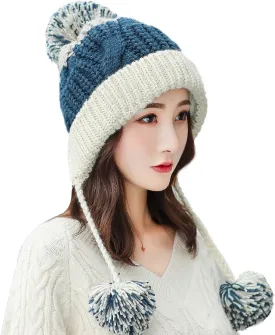 HUAMULAN Women Winter Peruvian Cover Ears Beanie Hat Ear Flaps Sherpa Ski Snow Hats Knit Fleece Lined 3 Pom Pom