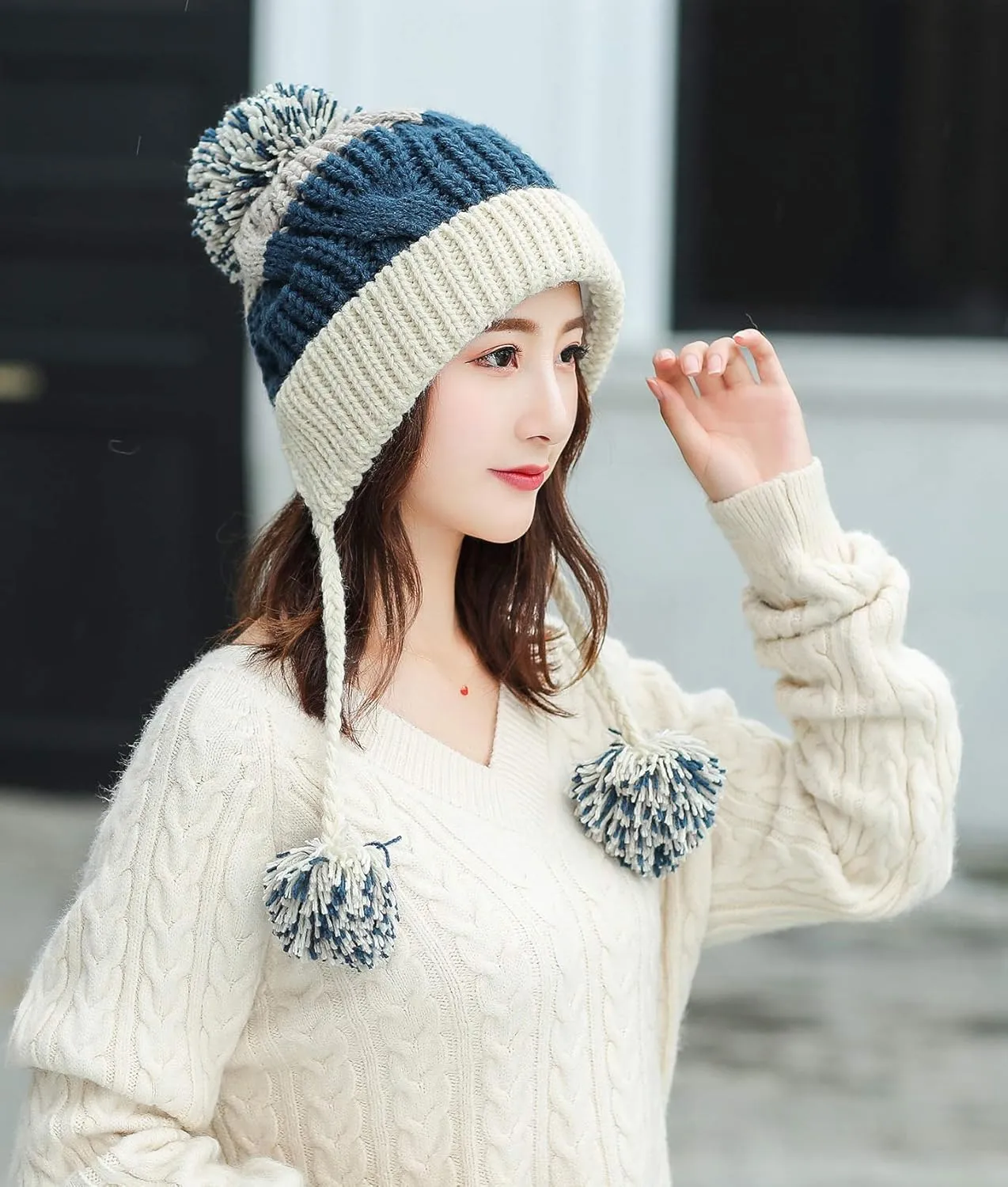 HUAMULAN Women Winter Peruvian Cover Ears Beanie Hat Ear Flaps Sherpa Ski Snow Hats Knit Fleece Lined 3 Pom Pom