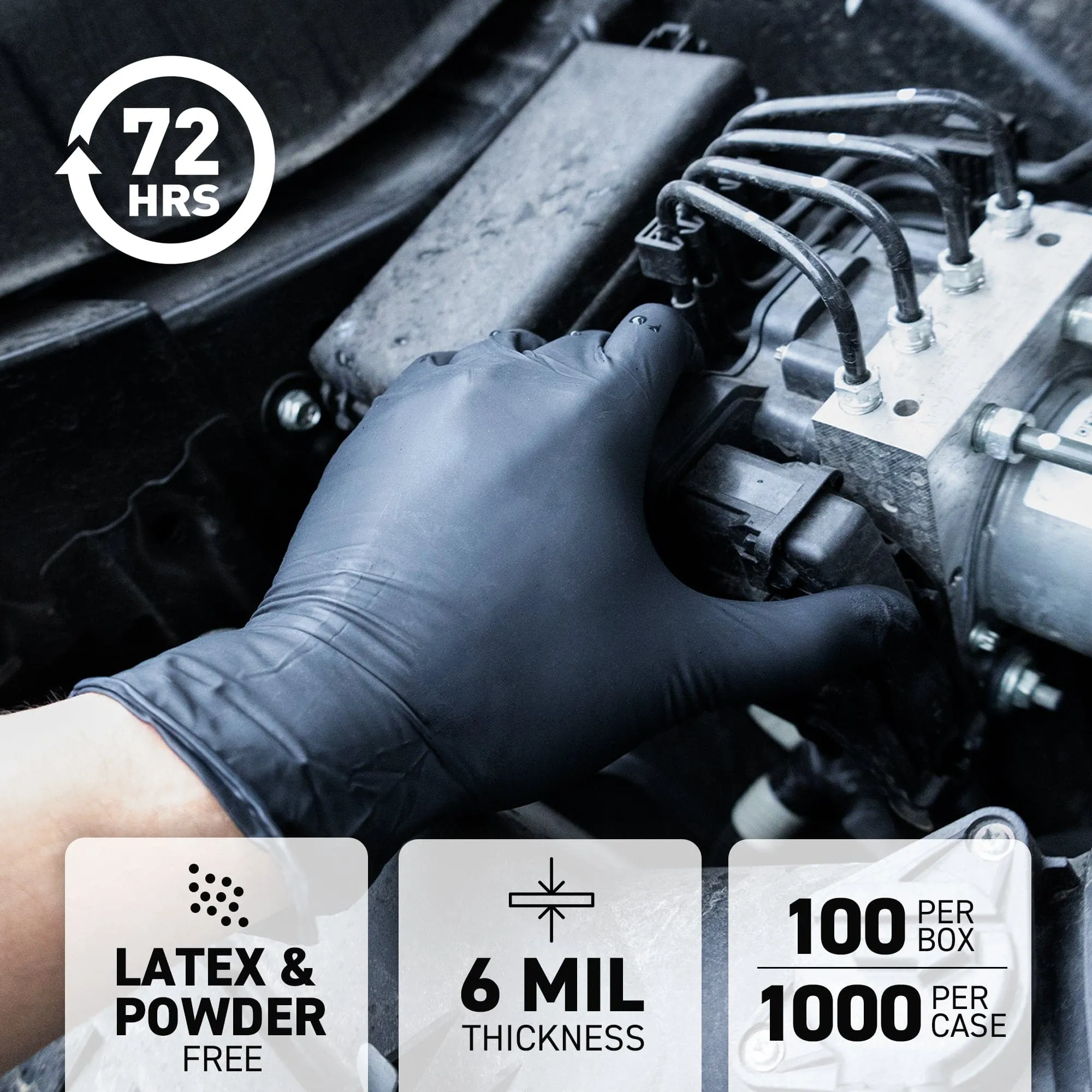 Industrial Grade Nitrile Gloves, Black, Box of 100, 6 Mil - 72HRS