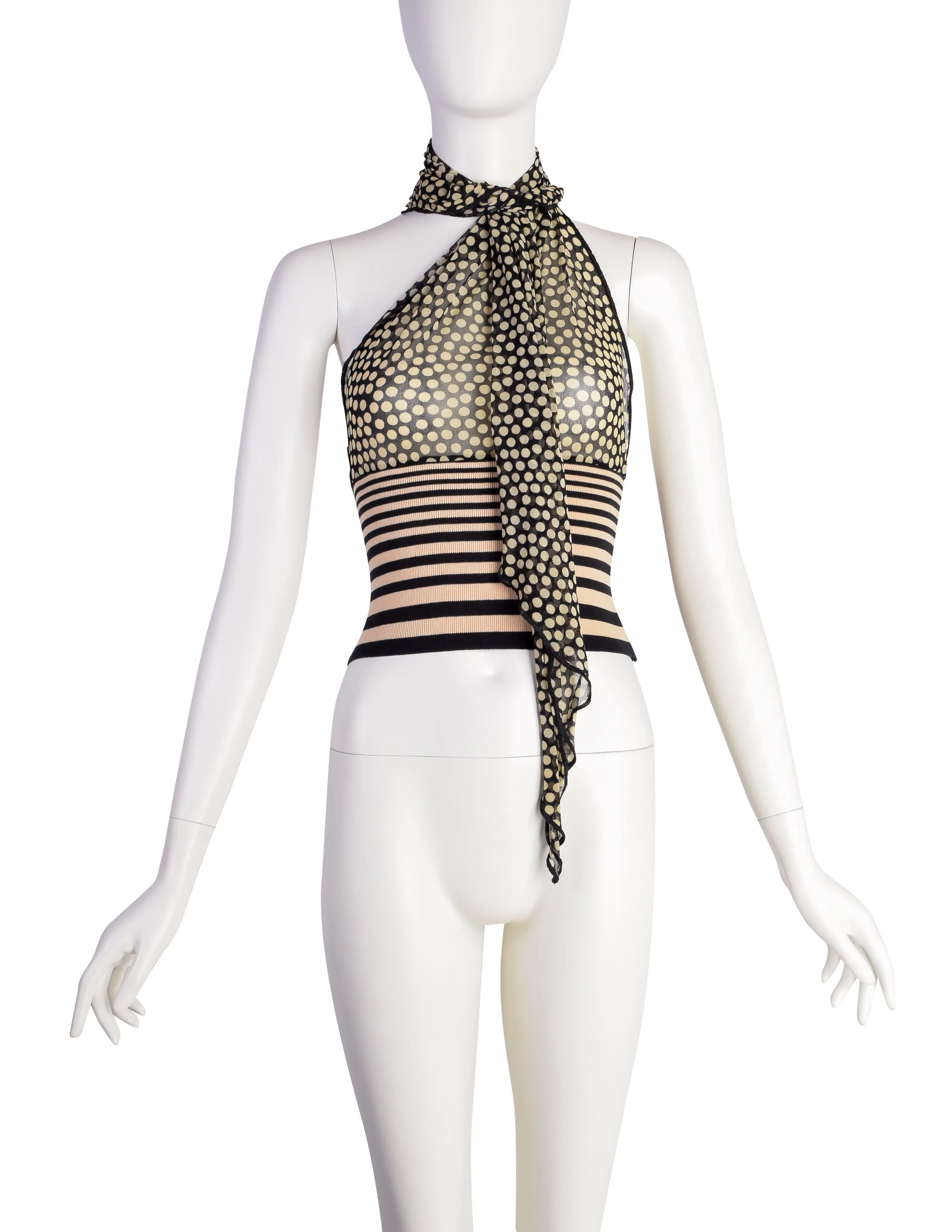 Jean Paul Gaultier Vintage Black Beige Dot Mesh Stripe Knit One Shoulder Halter Top