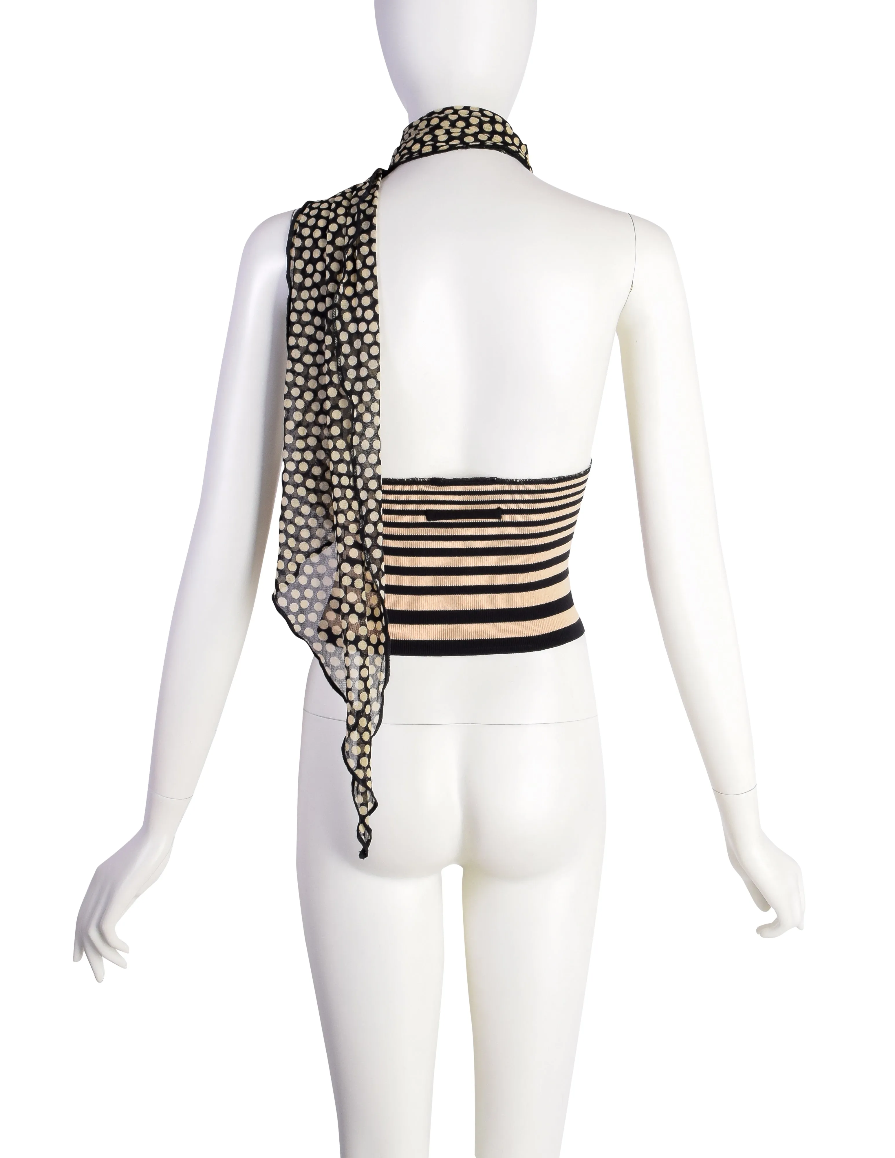 Jean Paul Gaultier Vintage Black Beige Dot Mesh Stripe Knit One Shoulder Halter Top