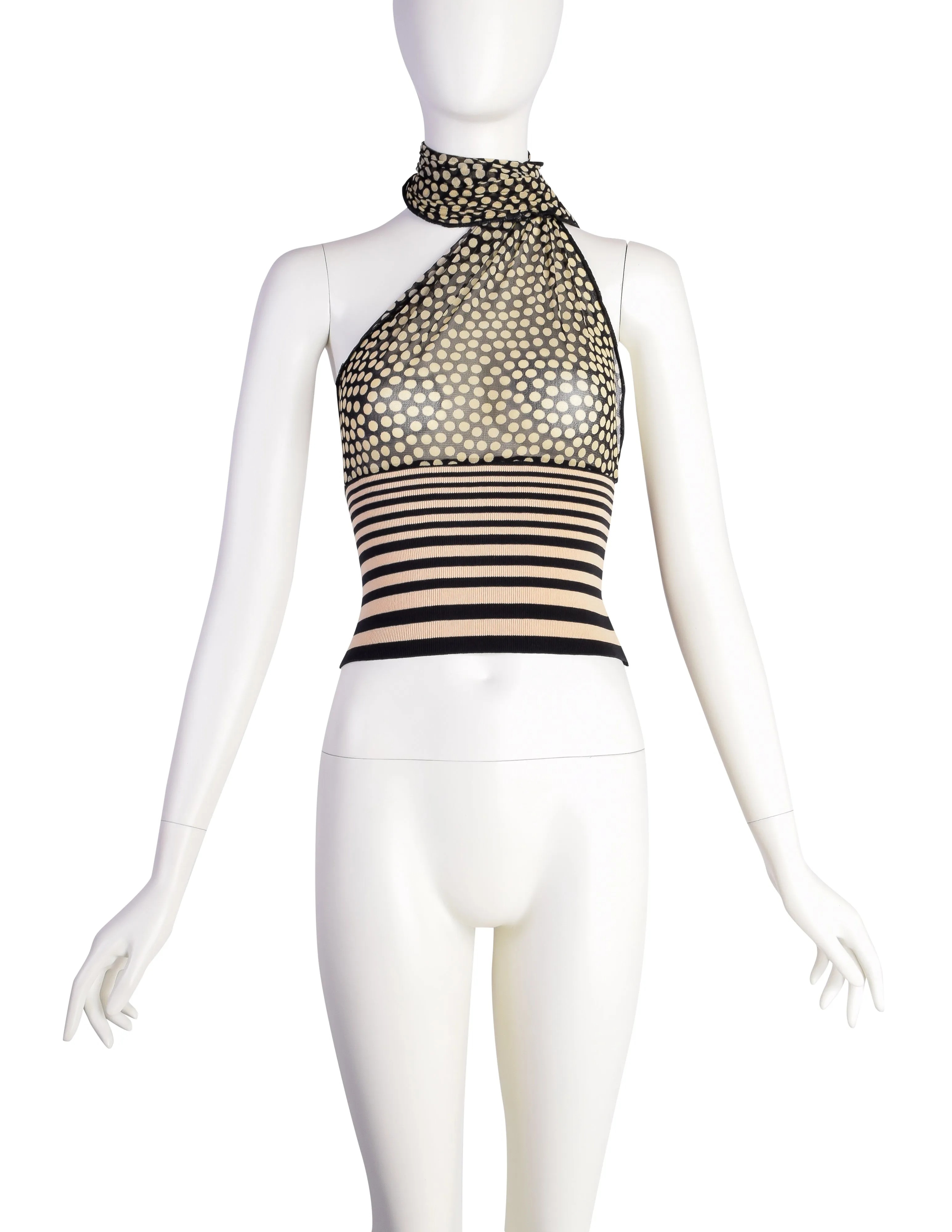 Jean Paul Gaultier Vintage Black Beige Dot Mesh Stripe Knit One Shoulder Halter Top