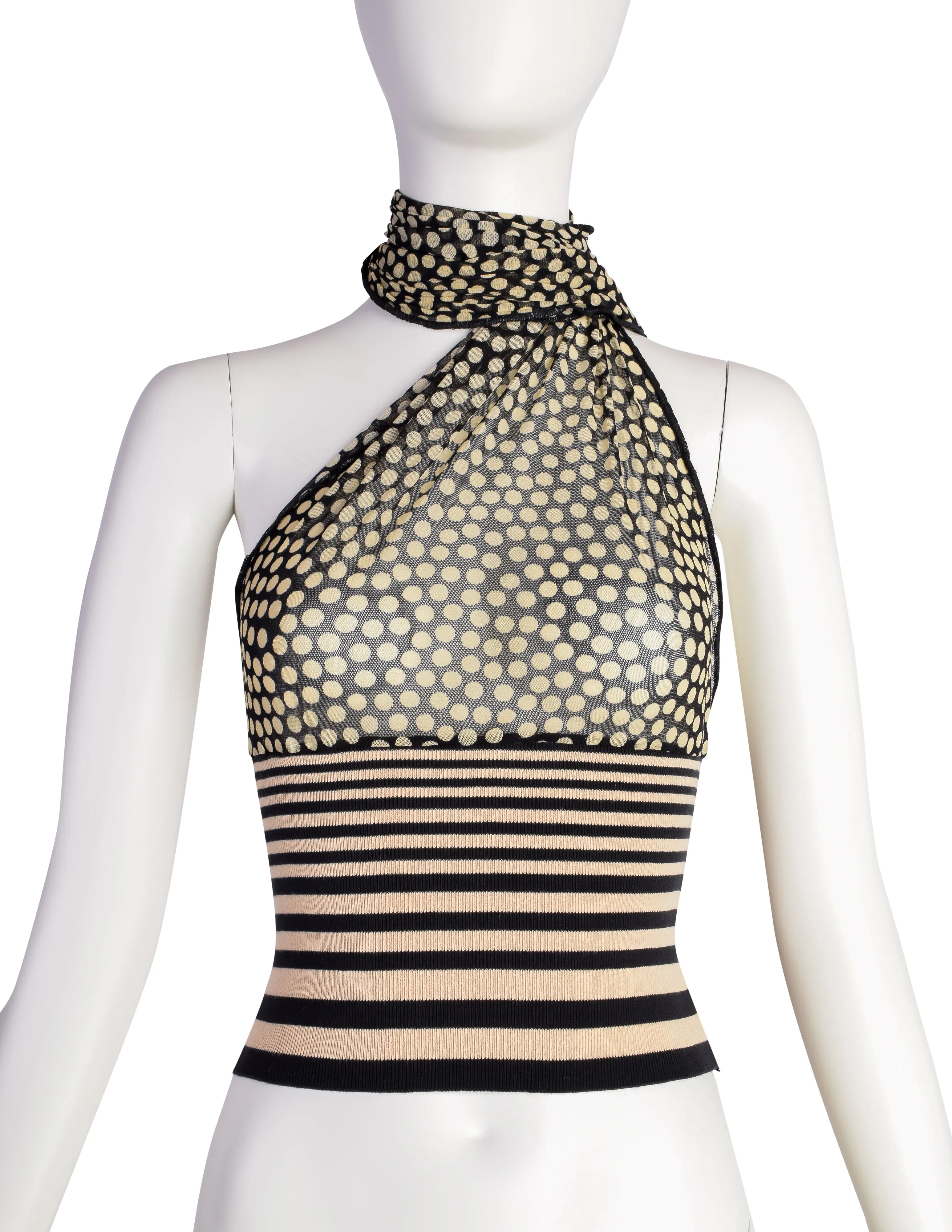 Jean Paul Gaultier Vintage Black Beige Dot Mesh Stripe Knit One Shoulder Halter Top