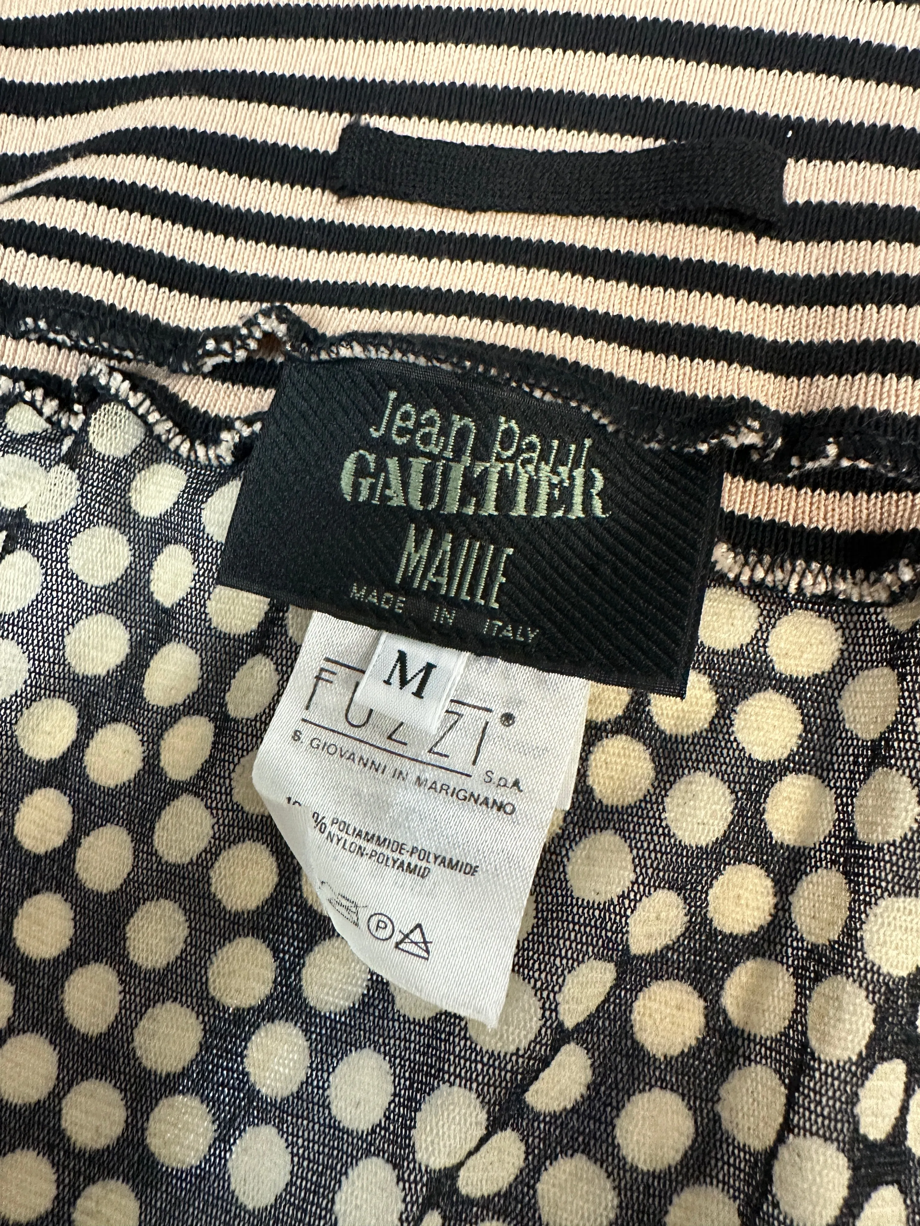 Jean Paul Gaultier Vintage Black Beige Dot Mesh Stripe Knit One Shoulder Halter Top