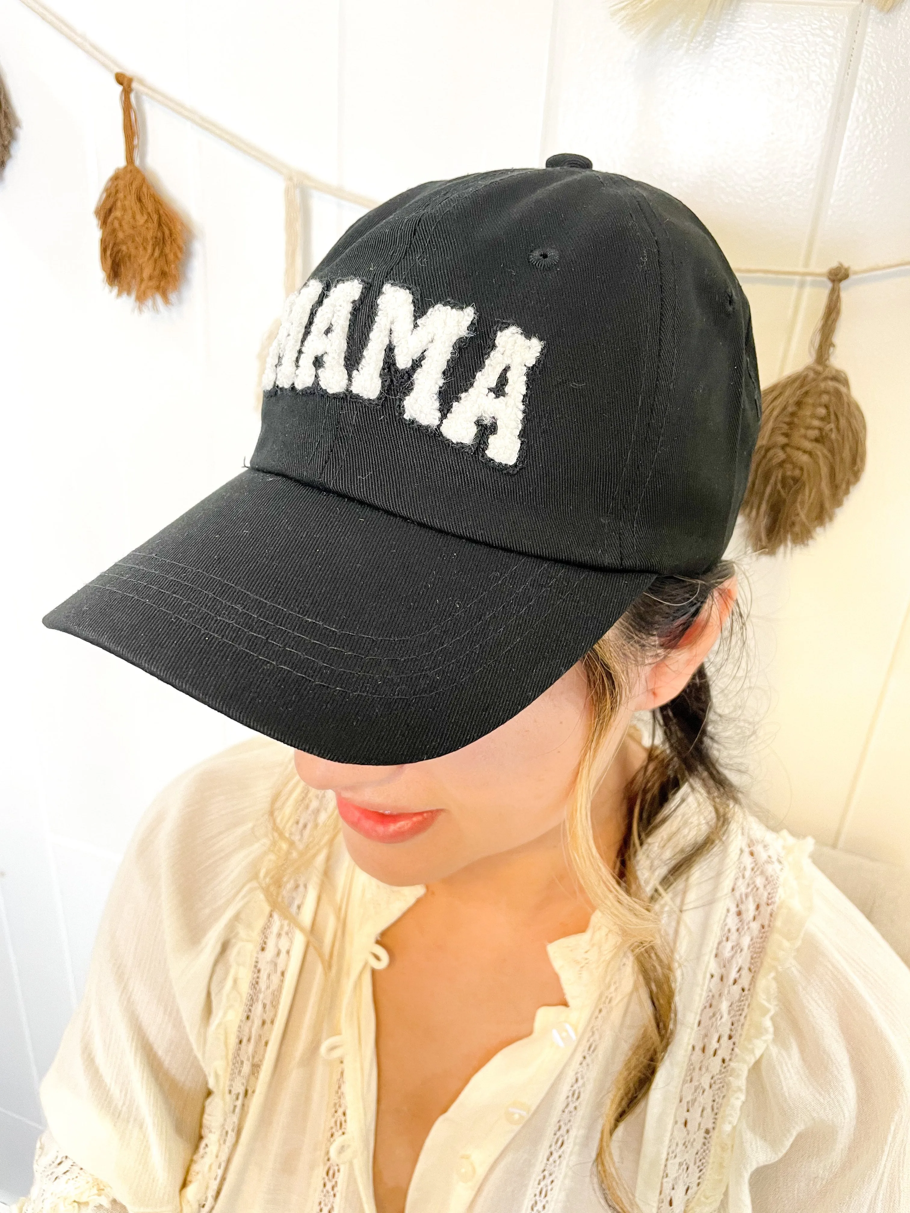 Mama Baseball Cap - Black Color / Sherpa Letters