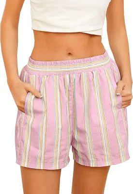 MISSACTIVER Women Striped Boxer Shorts Elastic High Rise Pajama Bottoms Casual Lounge Shorts with Pockets Sleepwear