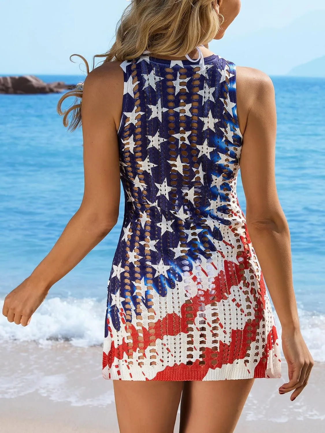 Swimsuit Coverup for Women Bathing Suit Cover ups Crochet Beach Tank Dress Hollow Out Slit Bikini Cover Up Sleeveless Dresses