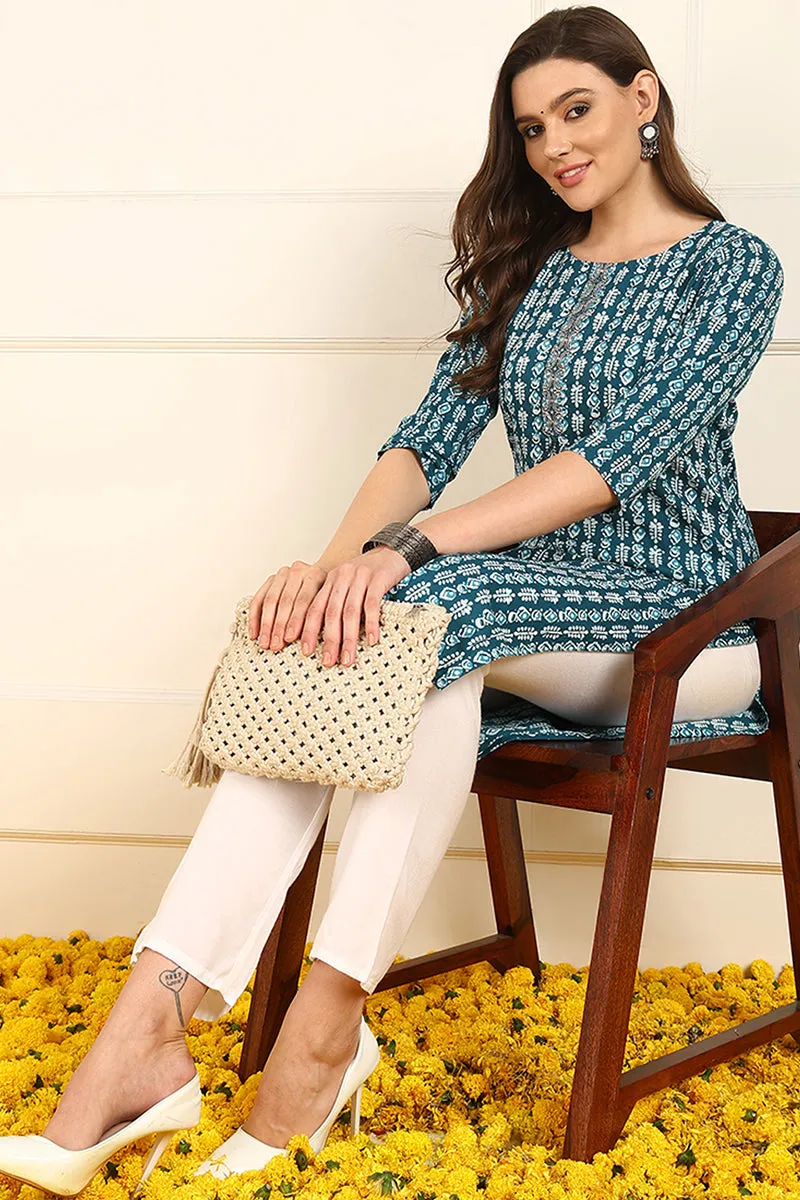 Teal Blue Cotton Ethnic Motifs Printed Straight Kurta