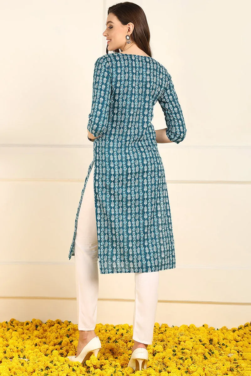 Teal Blue Cotton Ethnic Motifs Printed Straight Kurta