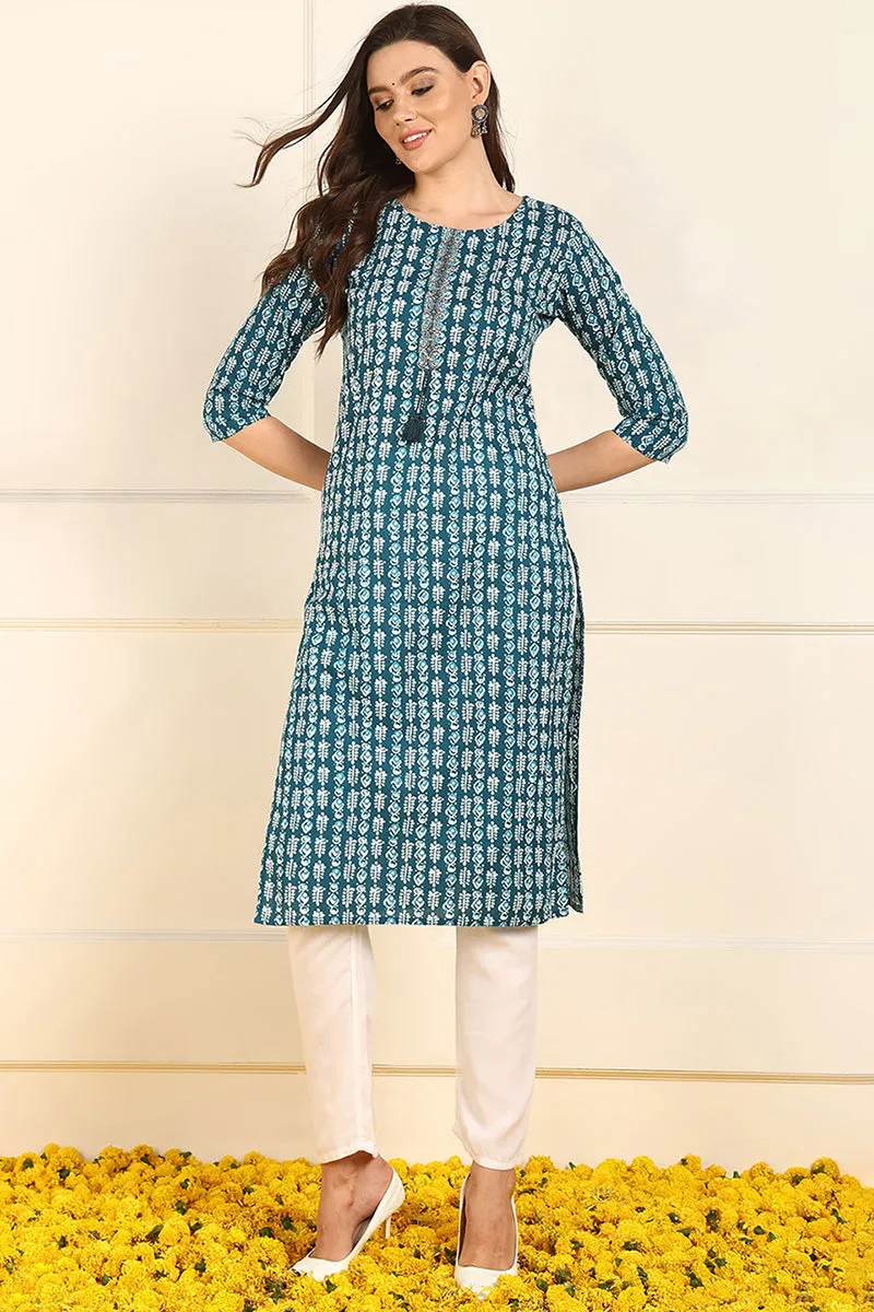 Teal Blue Cotton Ethnic Motifs Printed Straight Kurta