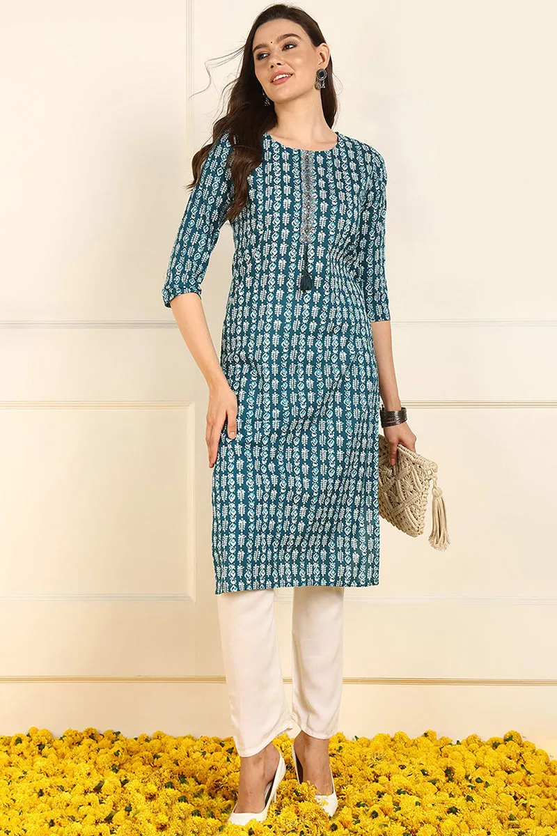 Teal Blue Cotton Ethnic Motifs Printed Straight Kurta