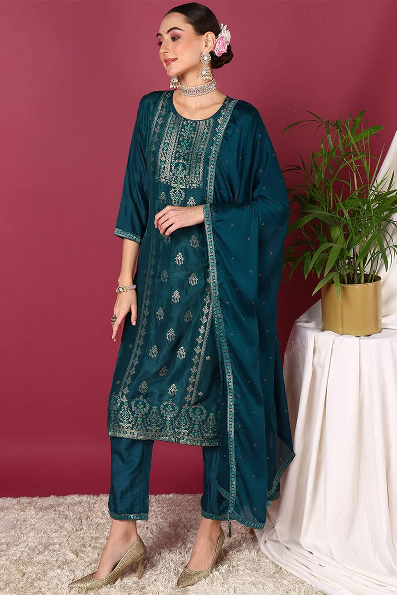 Teal Silk Blend Ethnic Motifs Woven Design Straight Suit Set