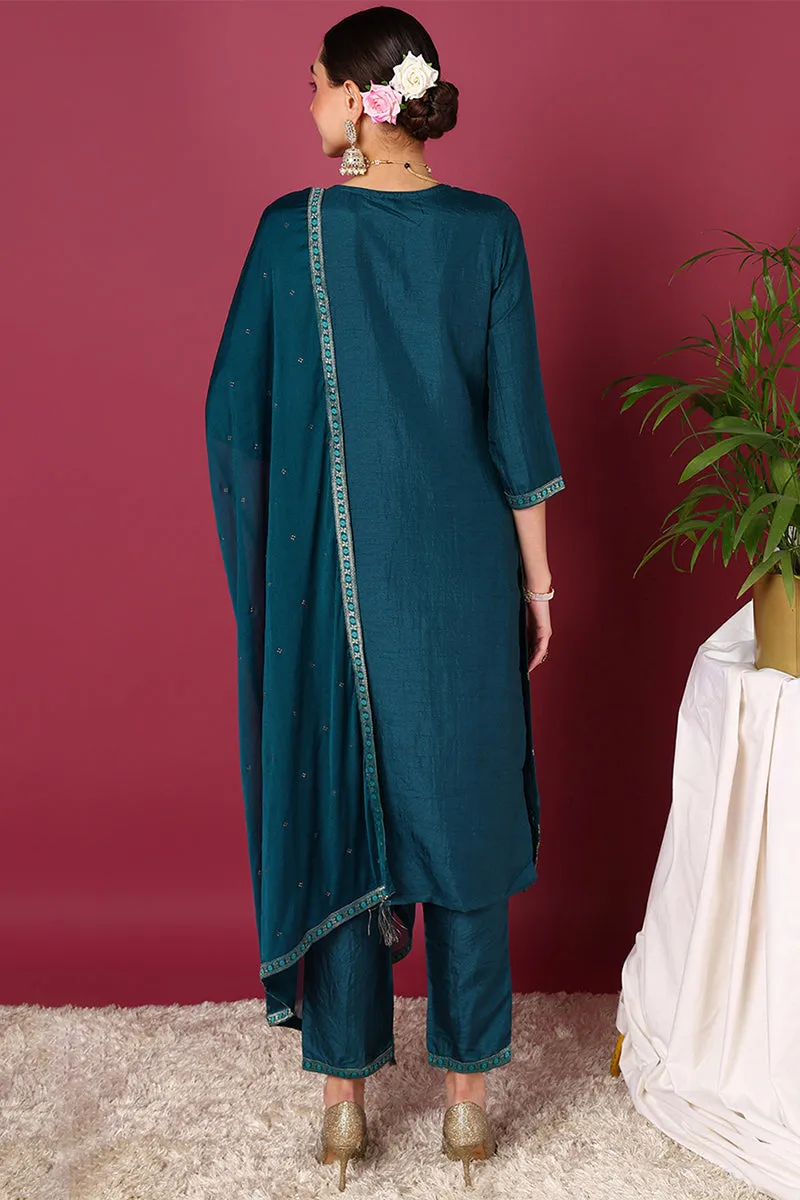 Teal Silk Blend Ethnic Motifs Woven Design Straight Suit Set