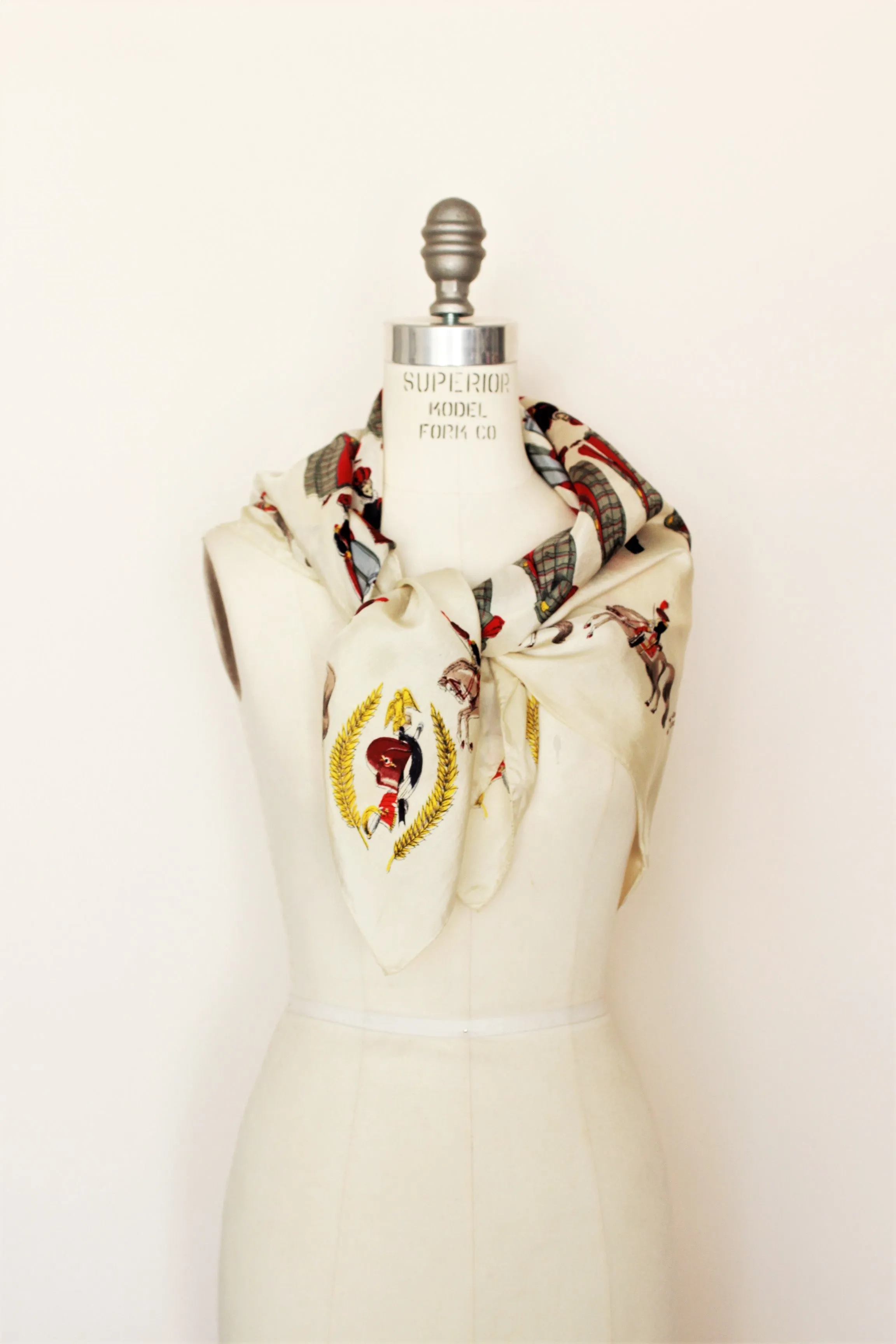Vintage 1940s Silk Scarf,  People and Horses Novelty Print