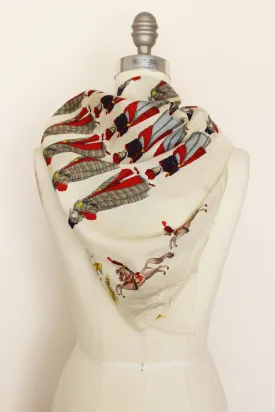 Vintage 1940s Silk Scarf,  People and Horses Novelty Print