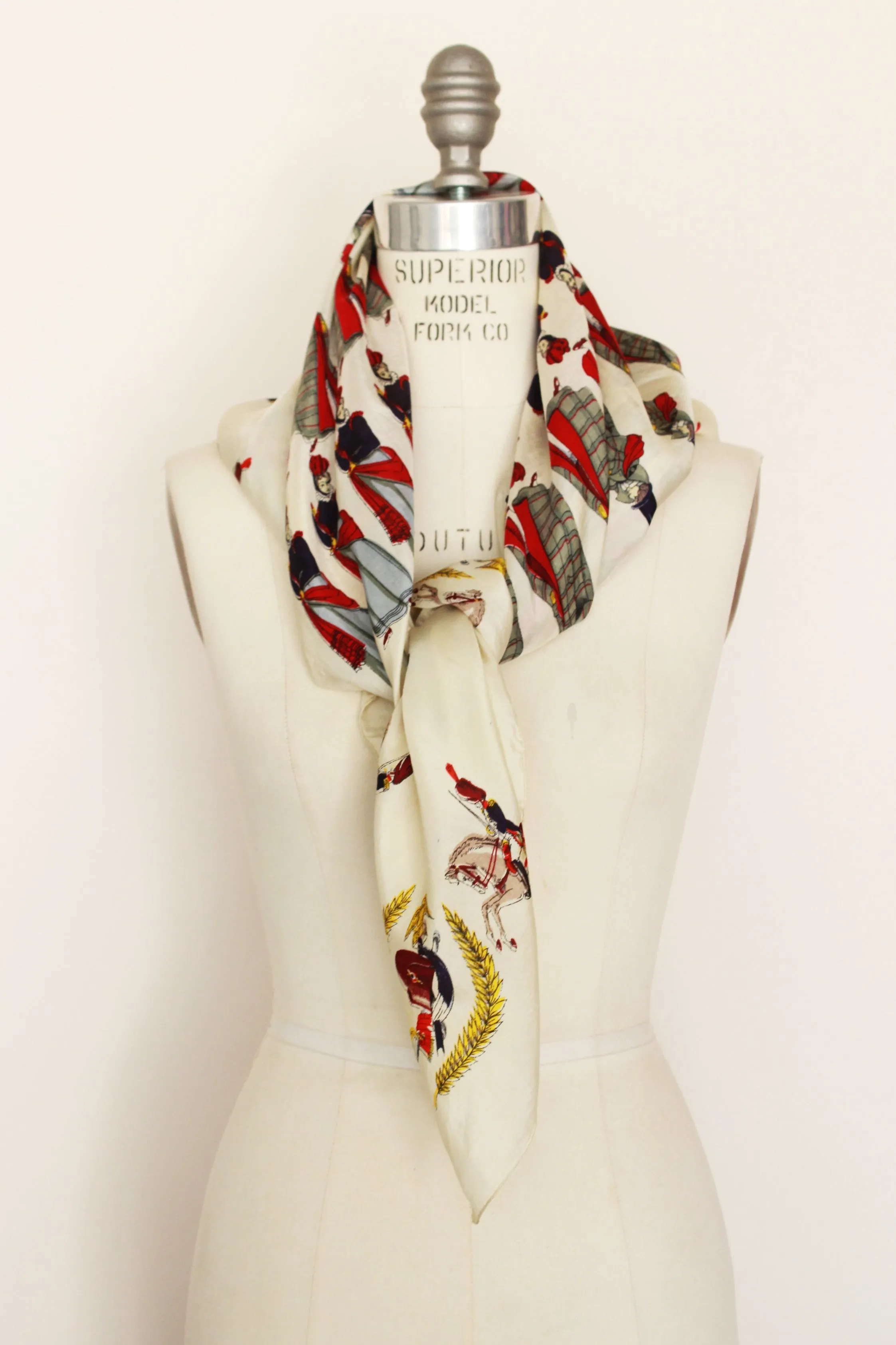 Vintage 1940s Silk Scarf,  People and Horses Novelty Print