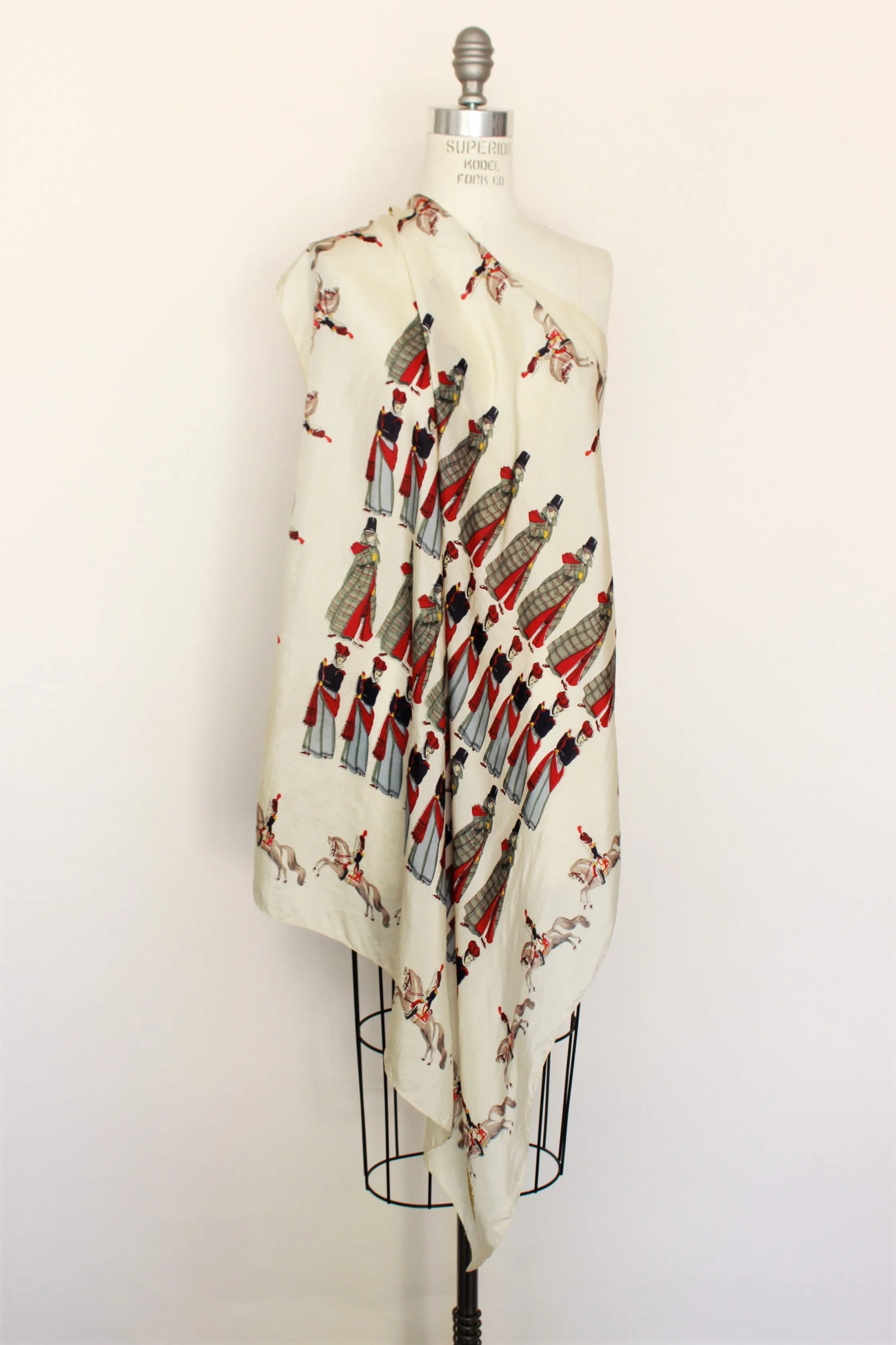 Vintage 1940s Silk Scarf,  People and Horses Novelty Print