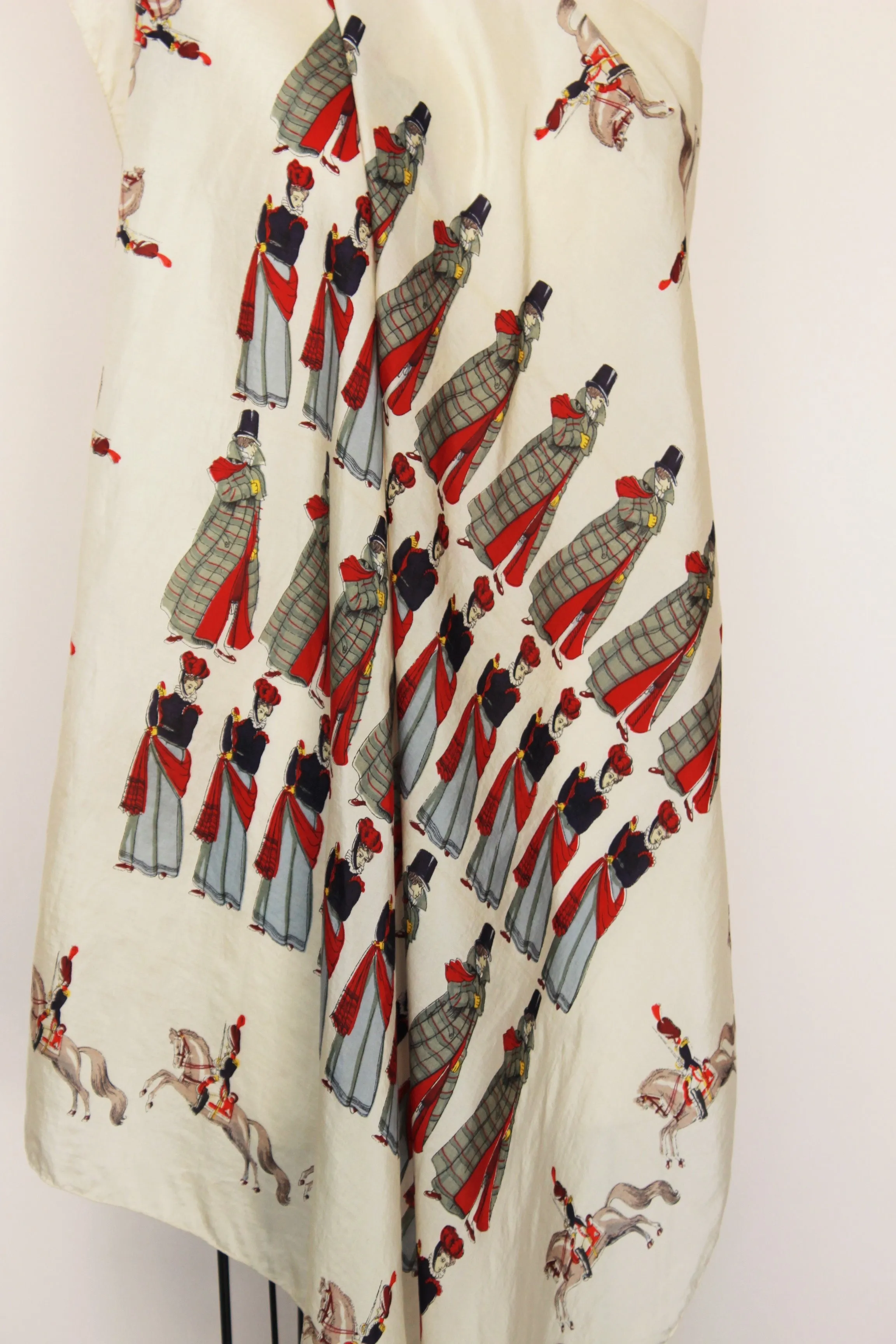 Vintage 1940s Silk Scarf,  People and Horses Novelty Print