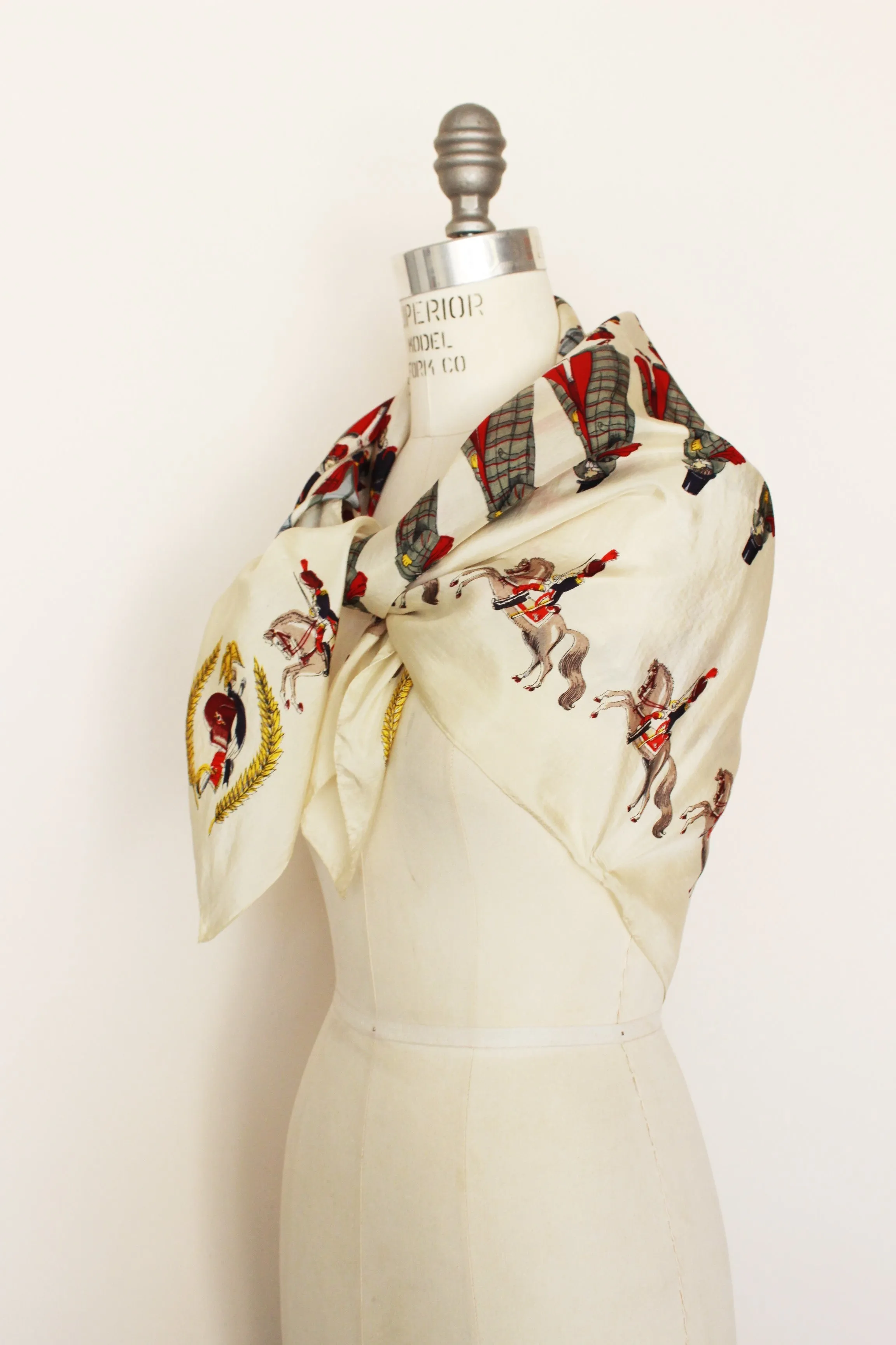 Vintage 1940s Silk Scarf,  People and Horses Novelty Print