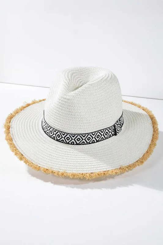 White Ethnic Frayed Trim Straw Women's Panama Hat