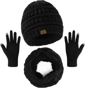 Winter Beanie Hat Scarf Gloves Set, Warm Knit Winter Hats Touchscreen Gloves Thick Neck Warmer Winter Scarf for Women
