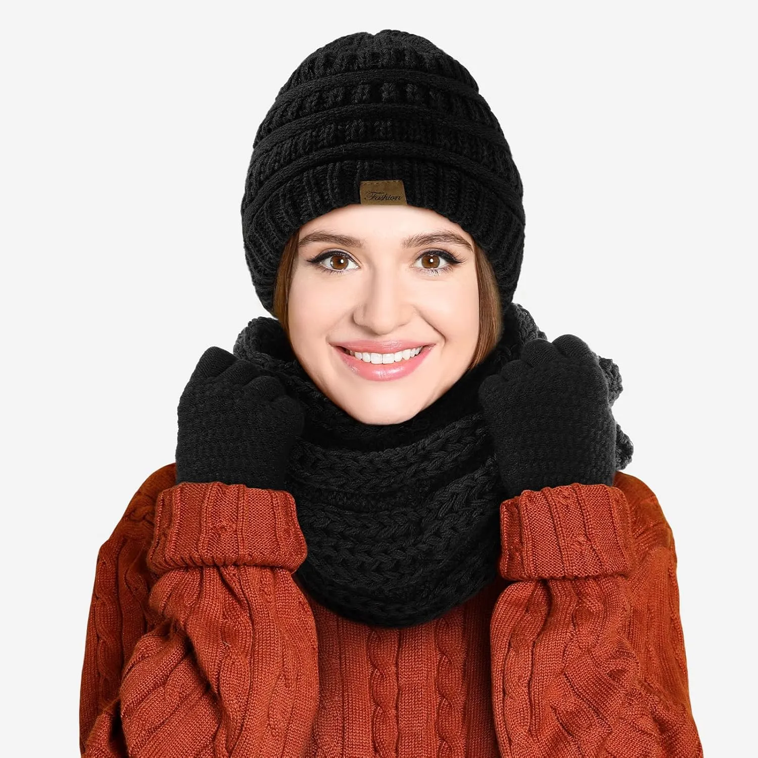 Winter Beanie Hat Scarf Gloves Set, Warm Knit Winter Hats Touchscreen Gloves Thick Neck Warmer Winter Scarf for Women