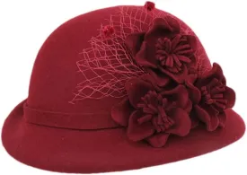 Women Floral Solid Hat Warm Wool Felt Flower Mesh Flower Hat Wide Brim Hat Autumn Winter