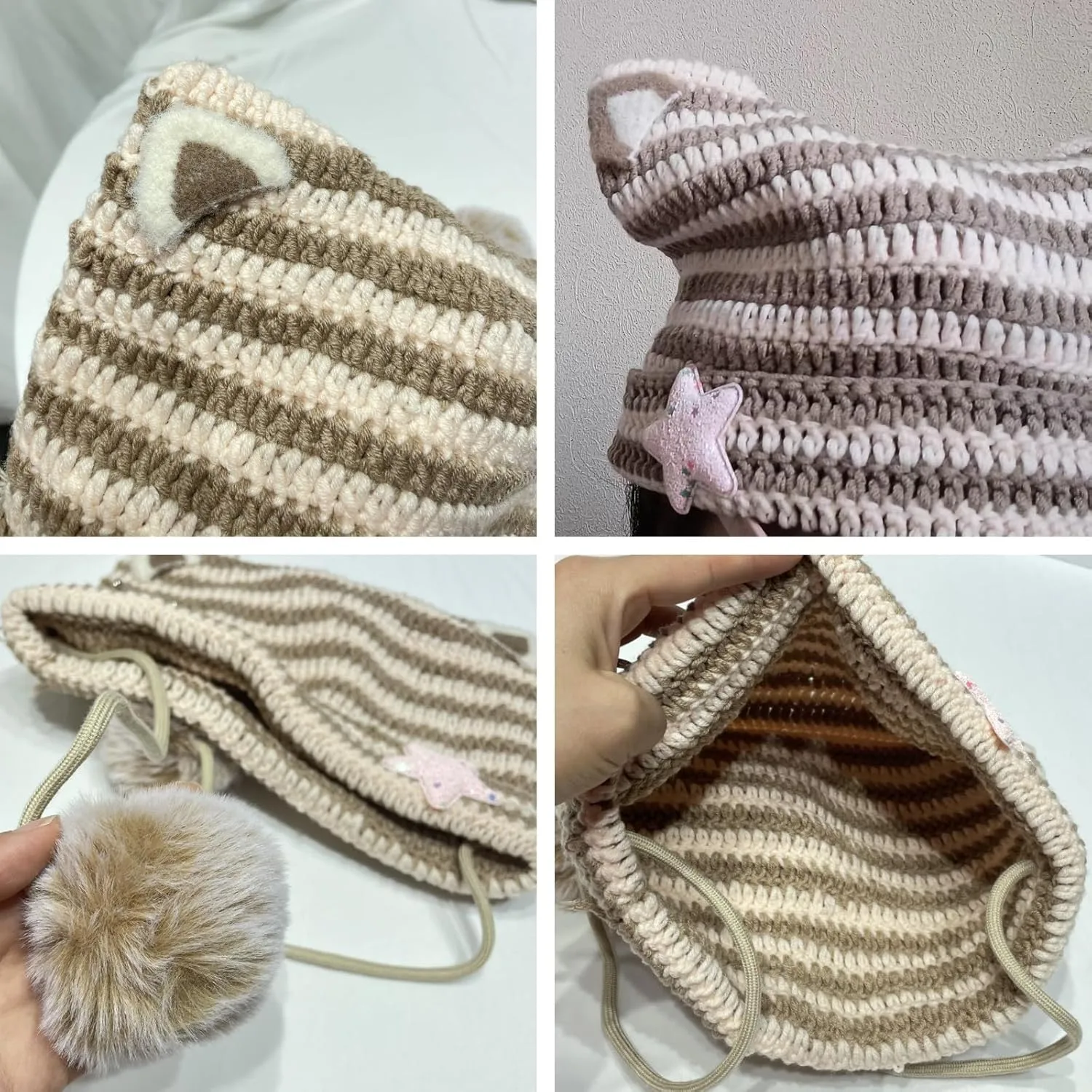 Women Y2K Cat Ear Beanie Hat with Pom Poms Star Accessories Goth Grunge Crochet Knitted Slouchy Skully Caps Alt Emo Clothes