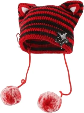 Women Y2K Cat Ear Beanie Hat with Pom Poms Star Accessories Goth Grunge Crochet Knitted Slouchy Skully Caps Alt Emo Clothes
