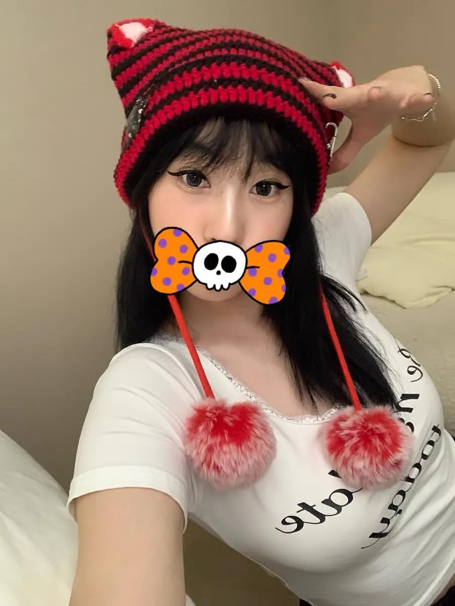 Women Y2K Cat Ear Beanie Hat with Pom Poms Star Accessories Goth Grunge Crochet Knitted Slouchy Skully Caps Alt Emo Clothes