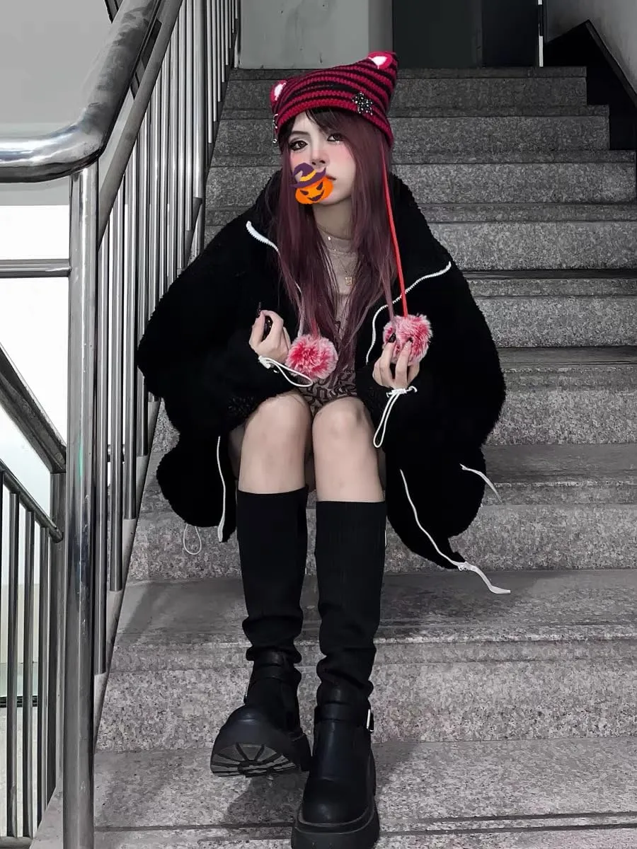 Women Y2K Cat Ear Beanie Hat with Pom Poms Star Accessories Goth Grunge Crochet Knitted Slouchy Skully Caps Alt Emo Clothes