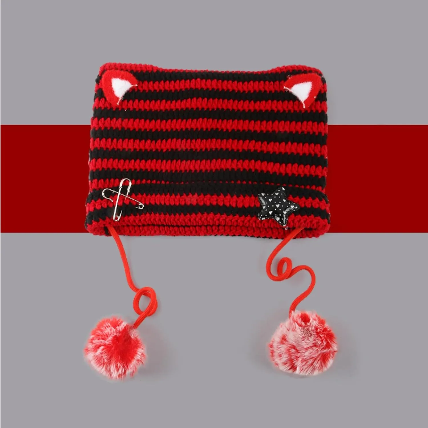 Women Y2K Cat Ear Beanie Hat with Pom Poms Star Accessories Goth Grunge Crochet Knitted Slouchy Skully Caps Alt Emo Clothes