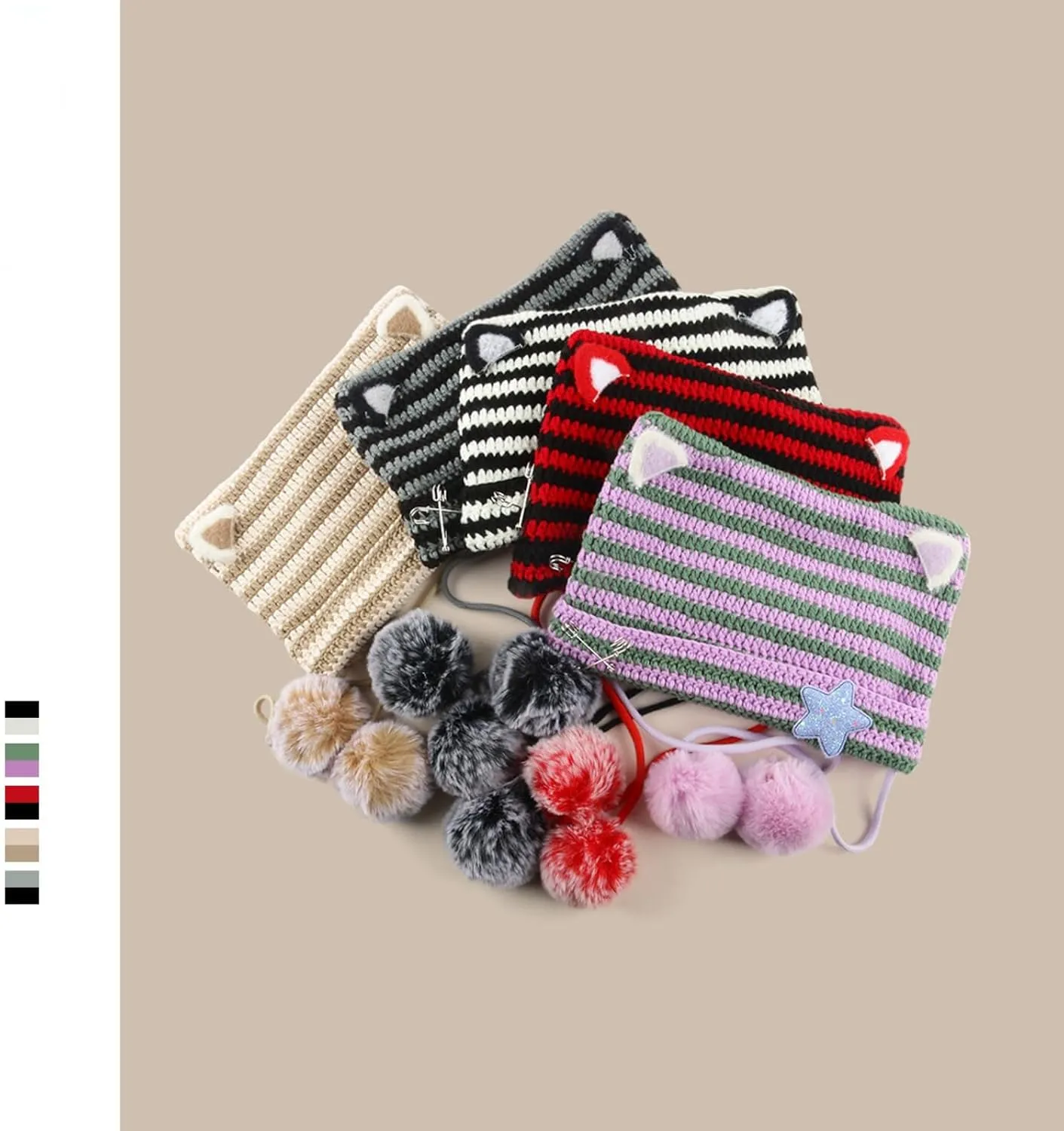 Women Y2K Cat Ear Beanie Hat with Pom Poms Star Accessories Goth Grunge Crochet Knitted Slouchy Skully Caps Alt Emo Clothes