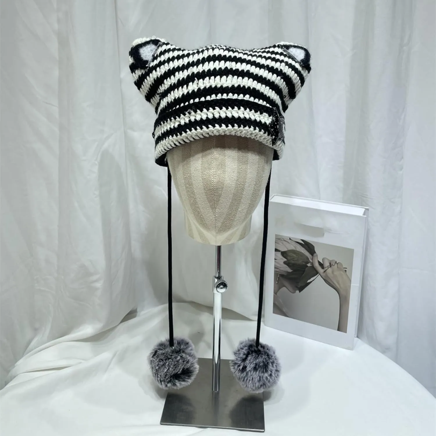 Women Y2K Cat Ear Beanie Hat with Pom Poms Star Accessories Goth Grunge Crochet Knitted Slouchy Skully Caps Alt Emo Clothes