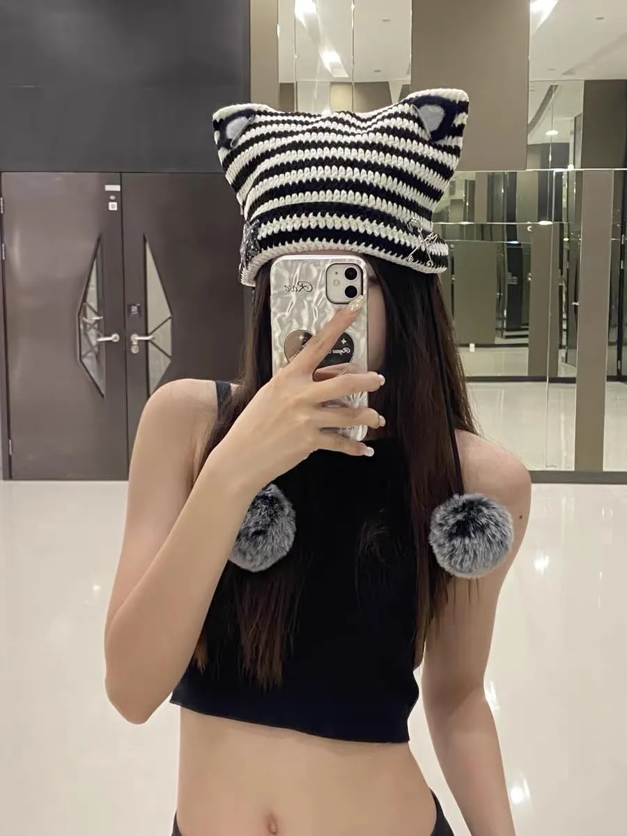 Women Y2K Cat Ear Beanie Hat with Pom Poms Star Accessories Goth Grunge Crochet Knitted Slouchy Skully Caps Alt Emo Clothes