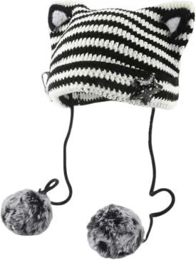 Women Y2K Cat Ear Beanie Hat with Pom Poms Star Accessories Goth Grunge Crochet Knitted Slouchy Skully Caps Alt Emo Clothes