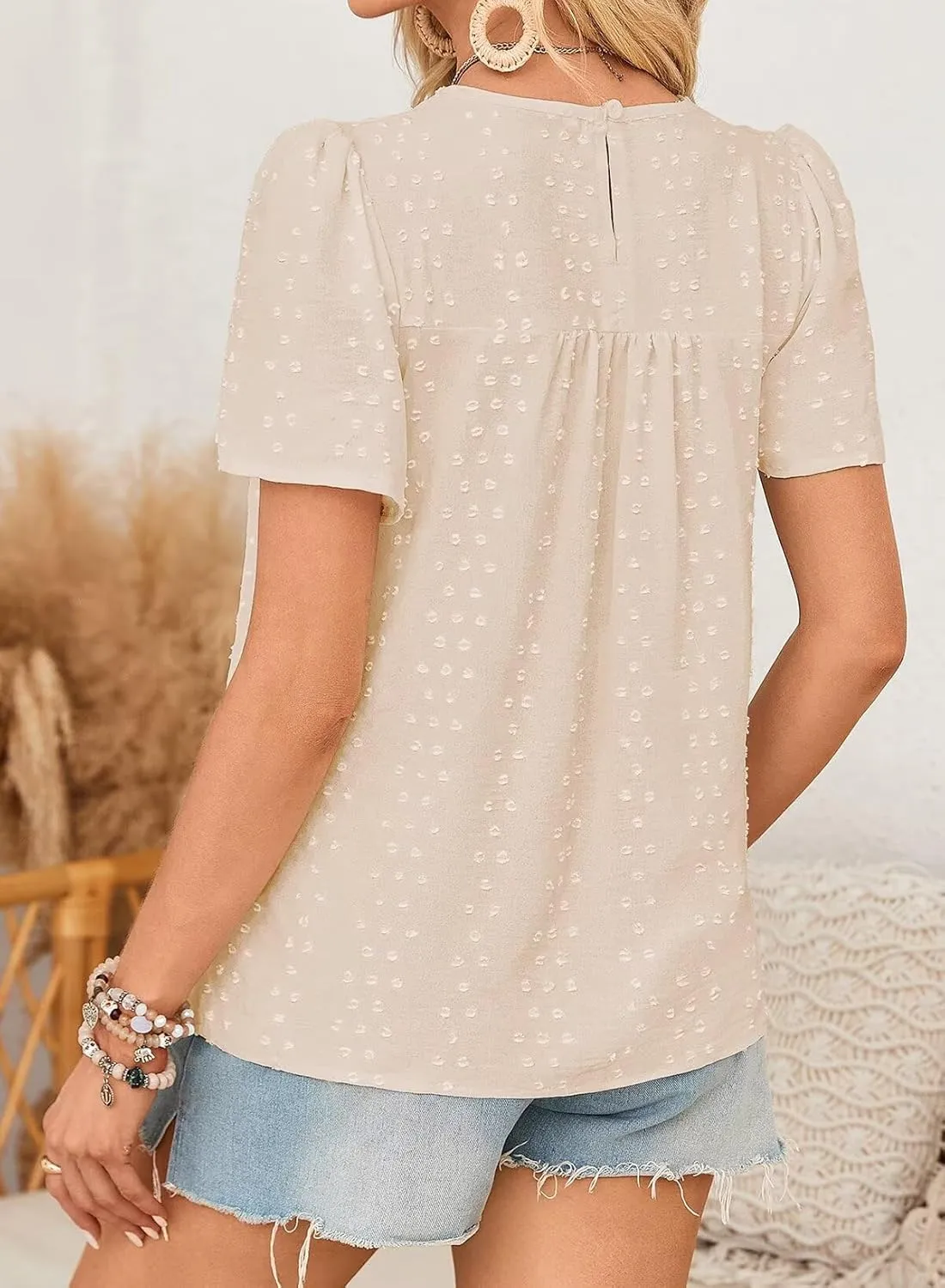 Womens Summer Tops Boho Crewneck Short Sleeve Shirts Floral Crochet Chiffon Blouses Flowy Casual Swiss Dot Clothing