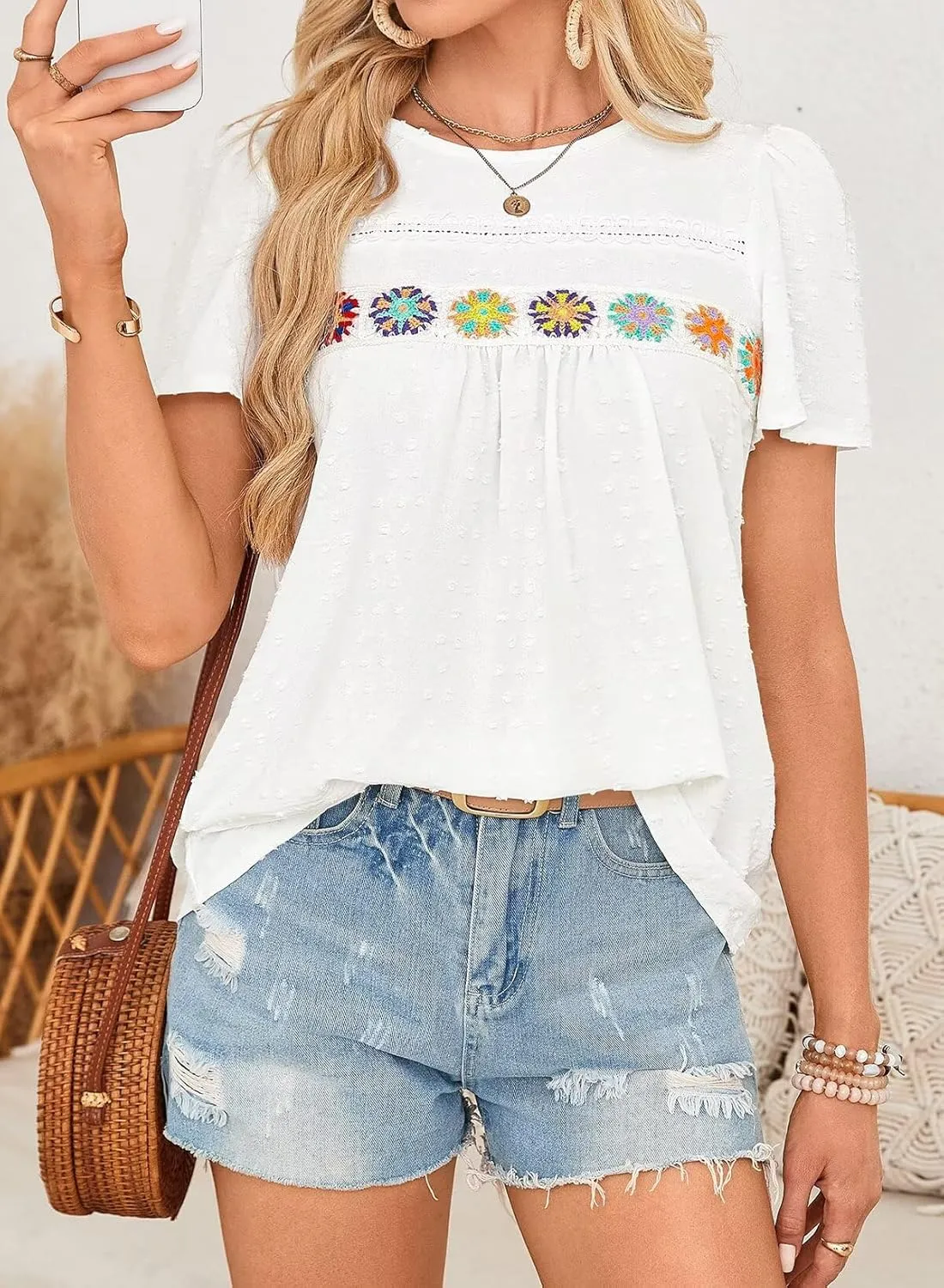 Womens Summer Tops Boho Crewneck Short Sleeve Shirts Floral Crochet Chiffon Blouses Flowy Casual Swiss Dot Clothing