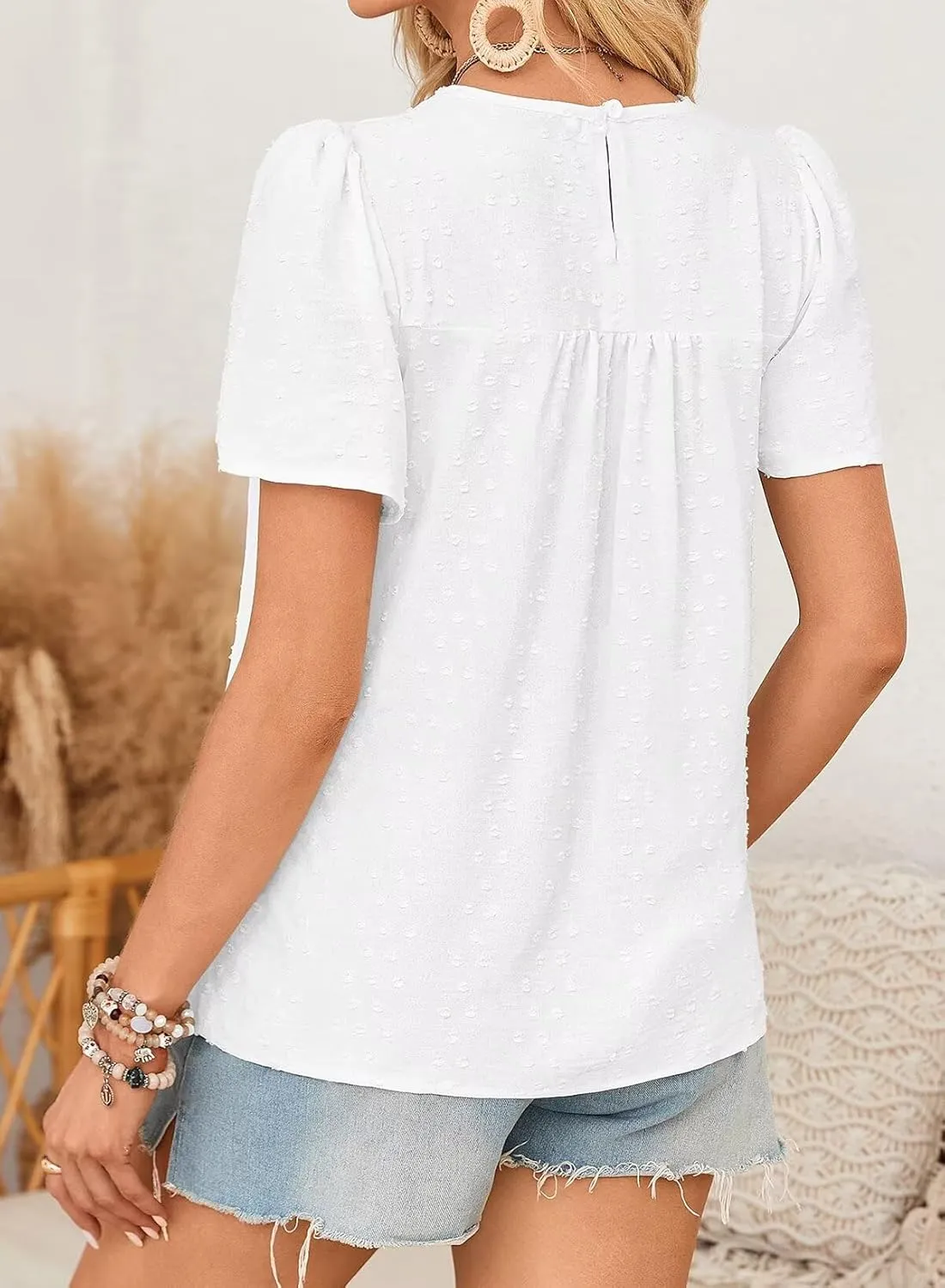 Womens Summer Tops Boho Crewneck Short Sleeve Shirts Floral Crochet Chiffon Blouses Flowy Casual Swiss Dot Clothing