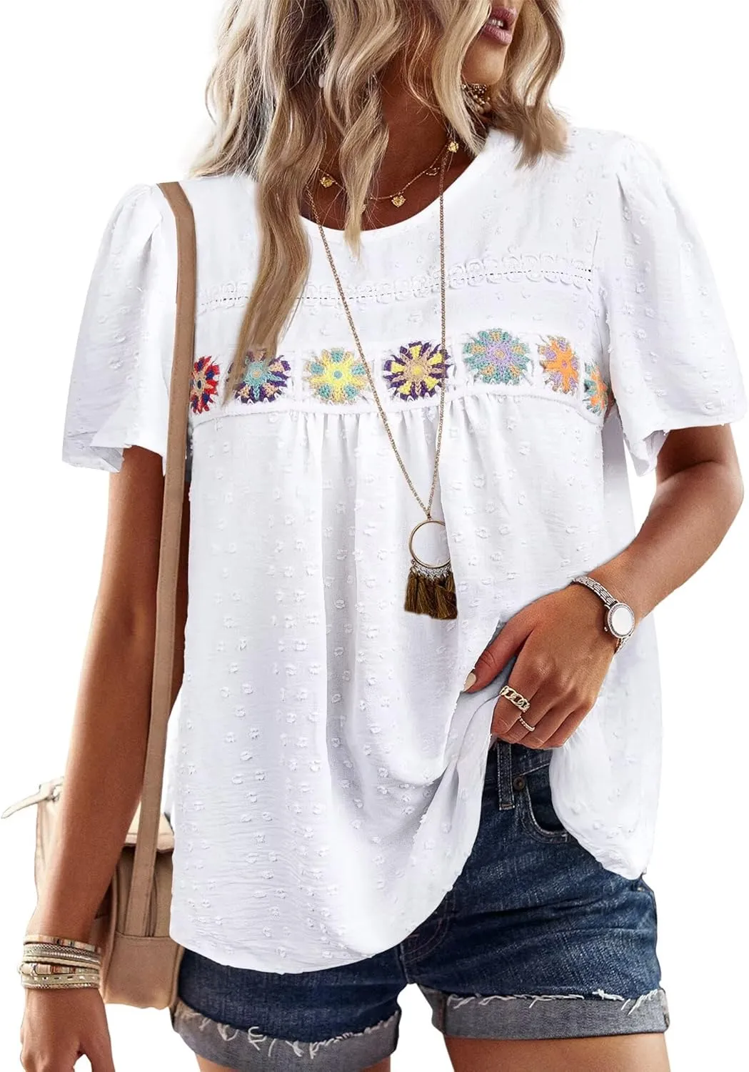Womens Summer Tops Boho Crewneck Short Sleeve Shirts Floral Crochet Chiffon Blouses Flowy Casual Swiss Dot Clothing
