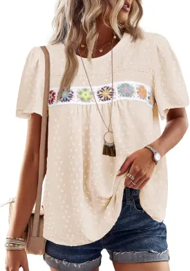 Womens Summer Tops Boho Crewneck Short Sleeve Shirts Floral Crochet Chiffon Blouses Flowy Casual Swiss Dot Clothing