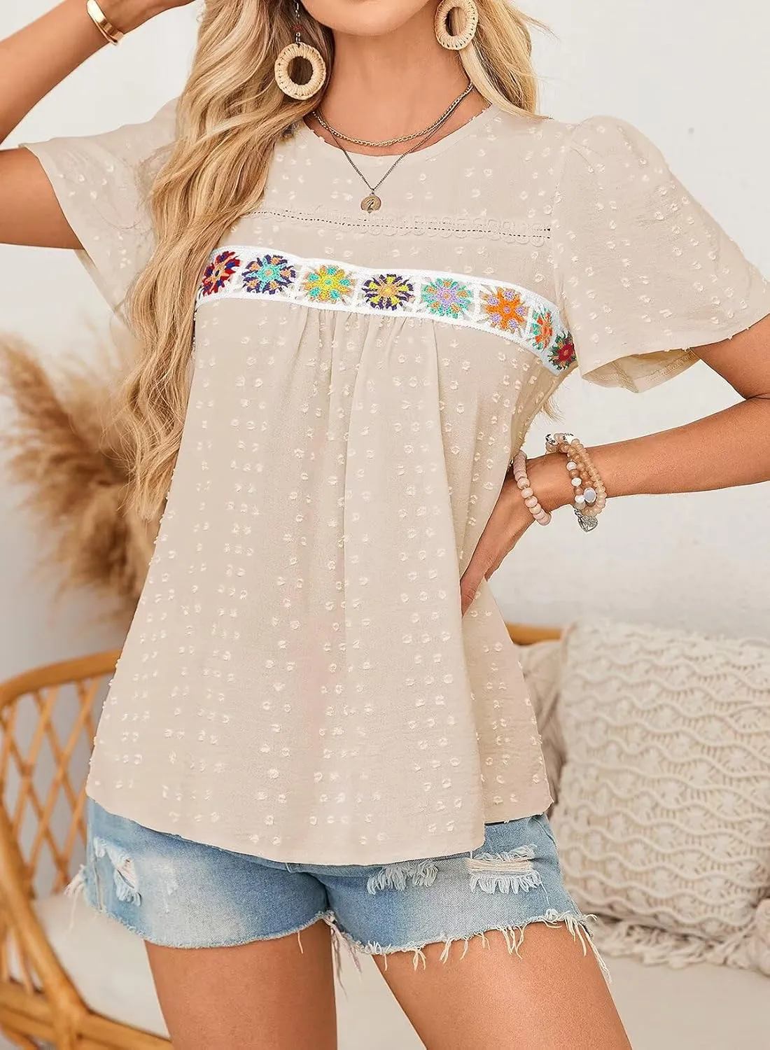 Womens Summer Tops Boho Crewneck Short Sleeve Shirts Floral Crochet Chiffon Blouses Flowy Casual Swiss Dot Clothing
