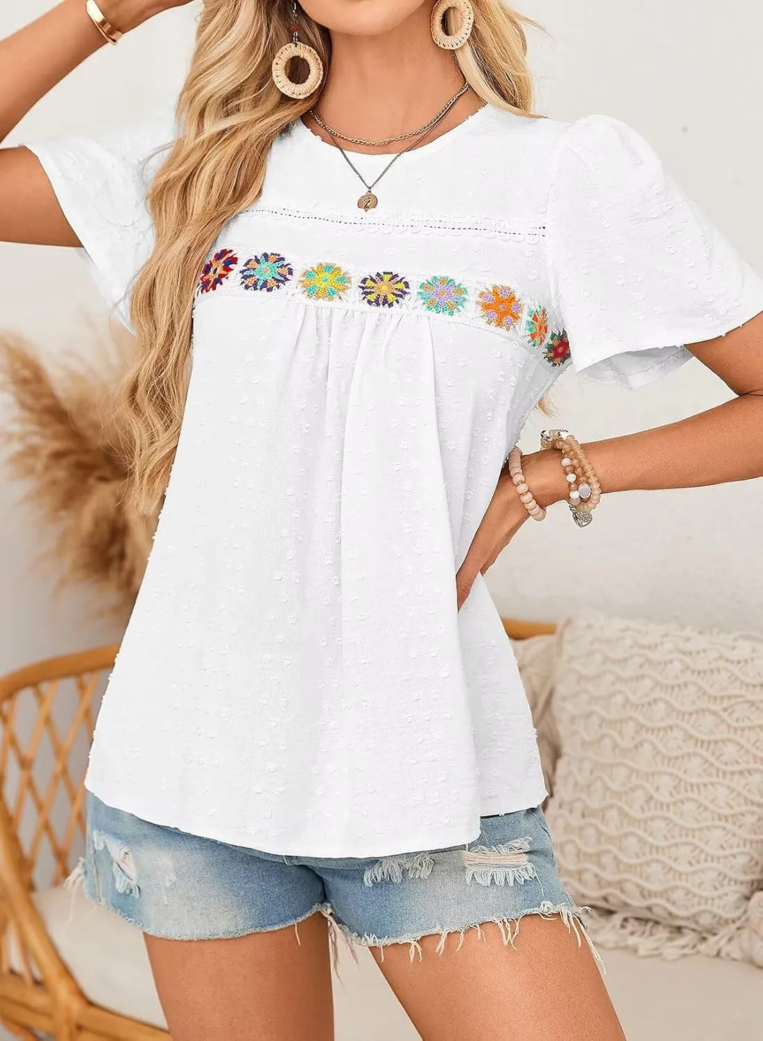 Womens Summer Tops Boho Crewneck Short Sleeve Shirts Floral Crochet Chiffon Blouses Flowy Casual Swiss Dot Clothing