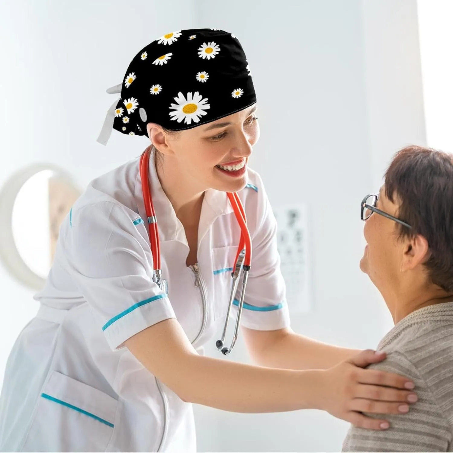 Work Caps Bouffant Surgical Cap with Hair Tie Cow Skin Print Pink Ponytail Holder Tie Back Scrub Hat
