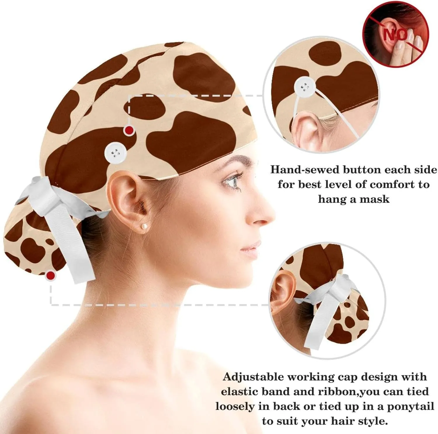 Work Caps Bouffant Surgical Cap with Hair Tie Cow Skin Print Pink Ponytail Holder Tie Back Scrub Hat