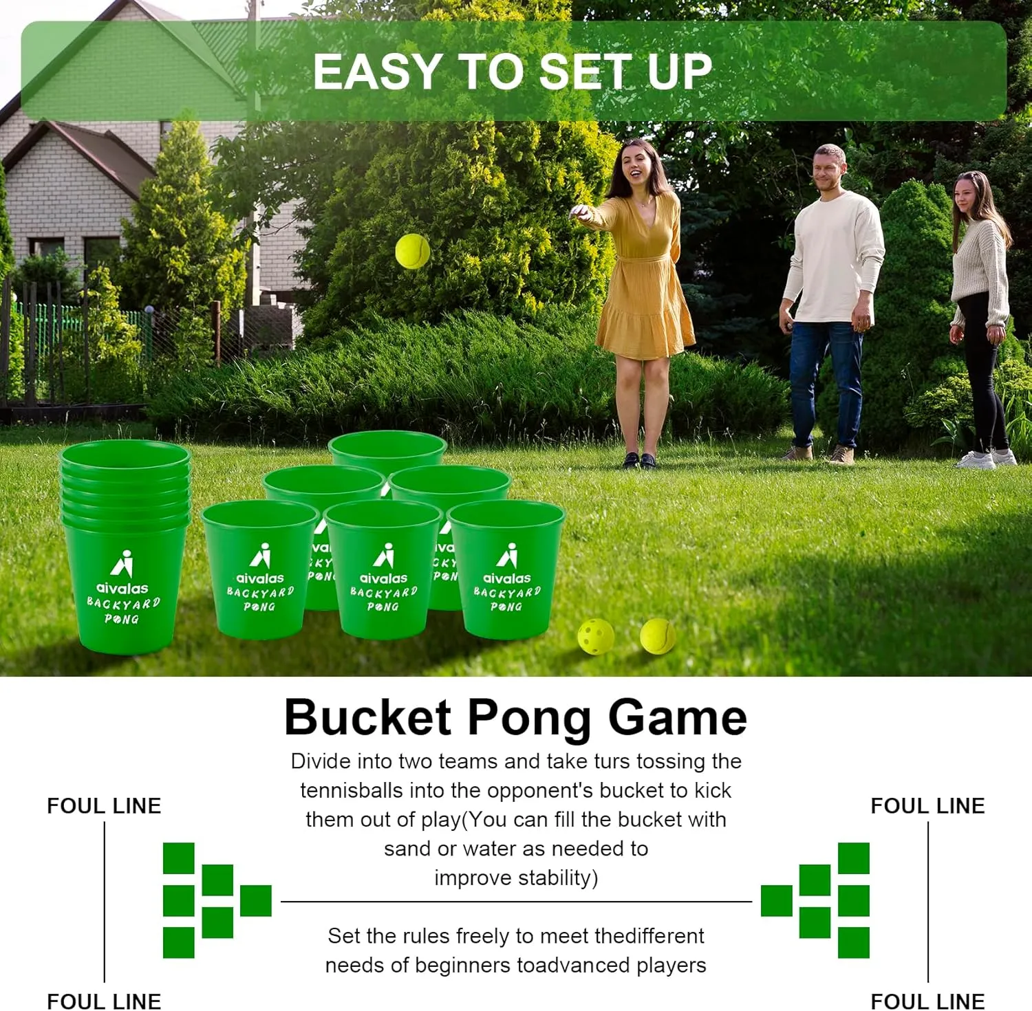 Yard Pong Outdoor Games, Giant Yard Games Set with 12 Buckets and Balls for Adults and Family, Toss Game Throwing Games for Beach, Camping, Lawn and Backyard