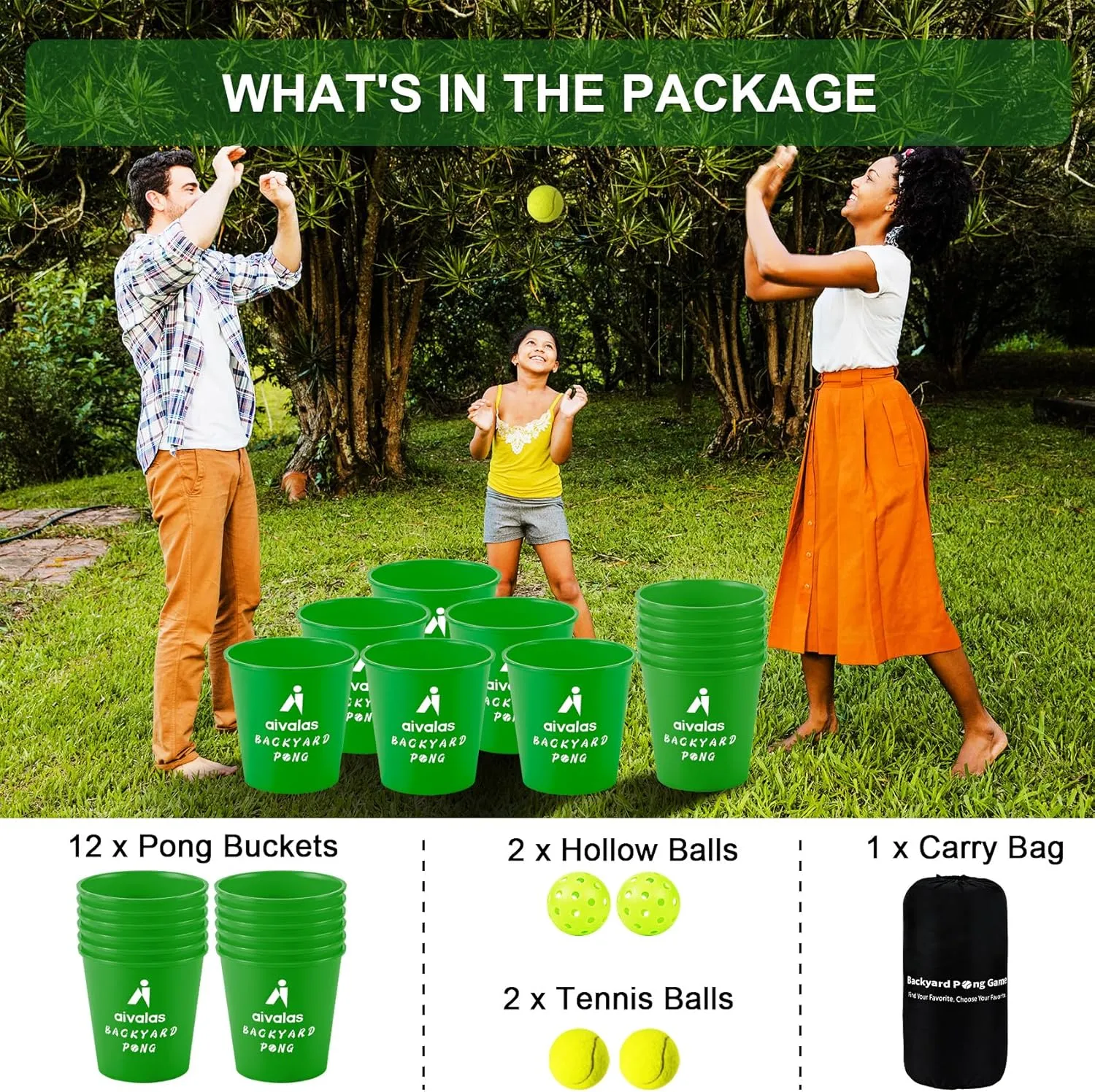 Yard Pong Outdoor Games, Giant Yard Games Set with 12 Buckets and Balls for Adults and Family, Toss Game Throwing Games for Beach, Camping, Lawn and Backyard